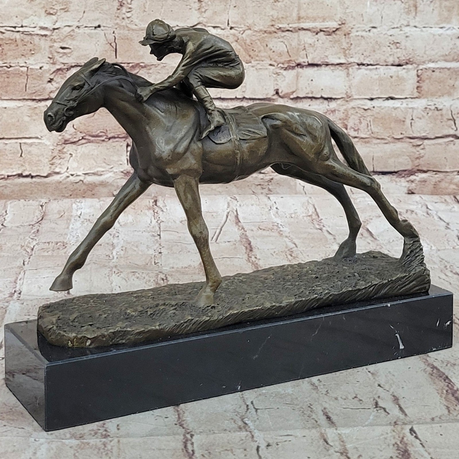 100% Bronze Sculpture Original  Signed Statue Of Jockey& Race Horse Office Trophy