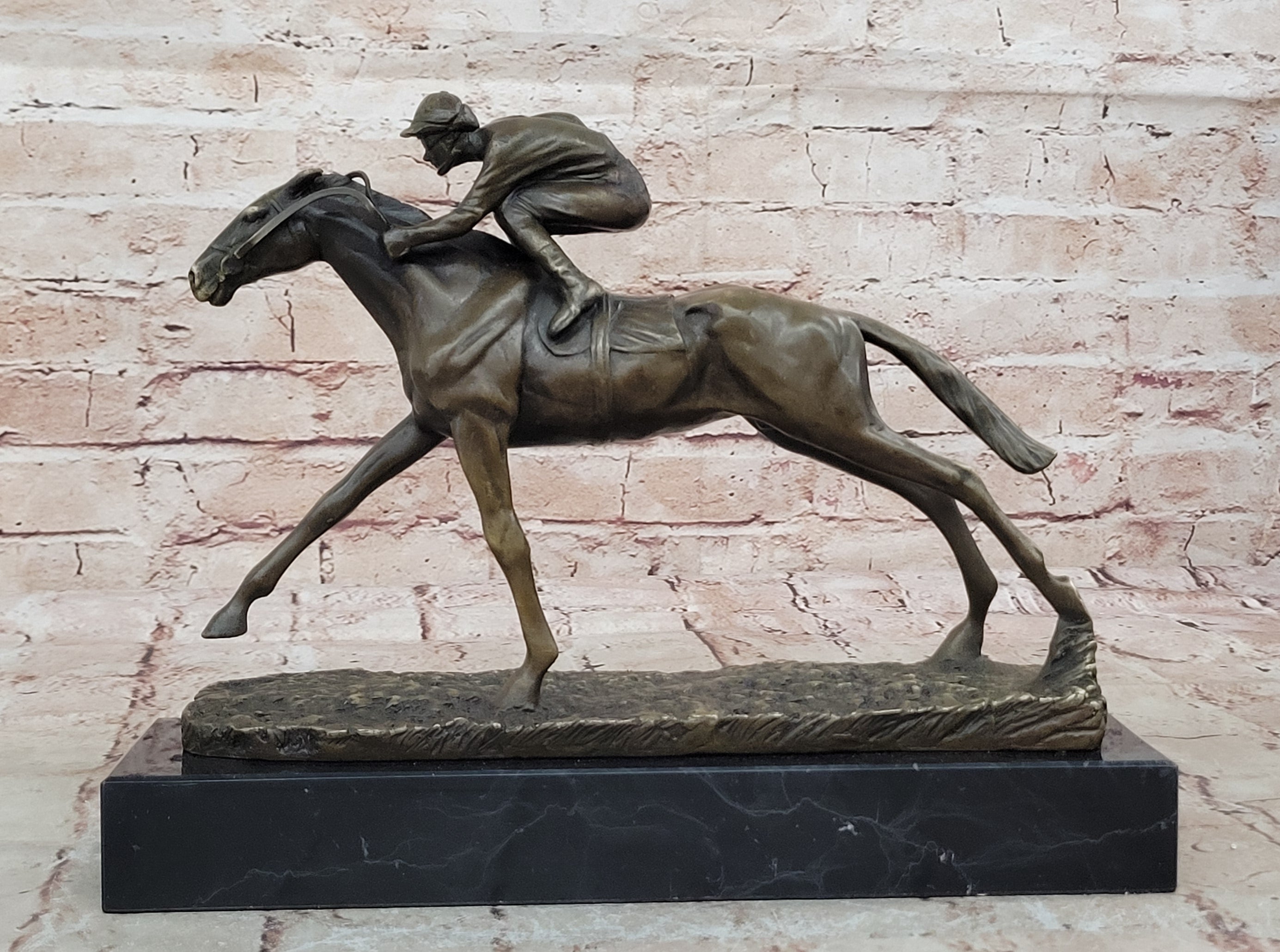 100% Bronze Sculpture Original  Signed Statue Of Jockey& Race Horse Office Trophy