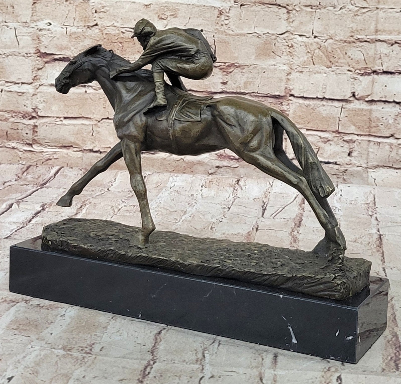 100% Bronze Sculpture Original  Signed Statue Of Jockey& Race Horse Office Trophy