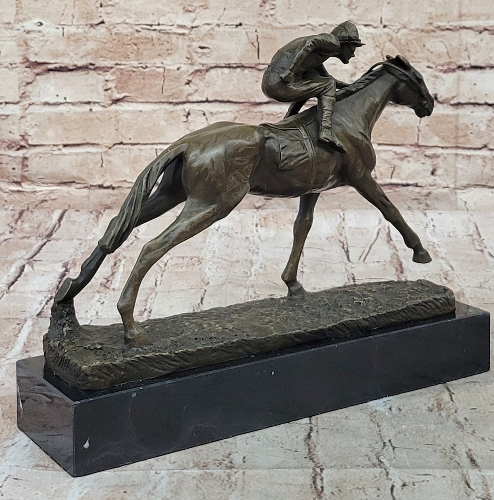 100% Bronze Sculpture Original  Signed Statue Of Jockey& Race Horse Office Trophy