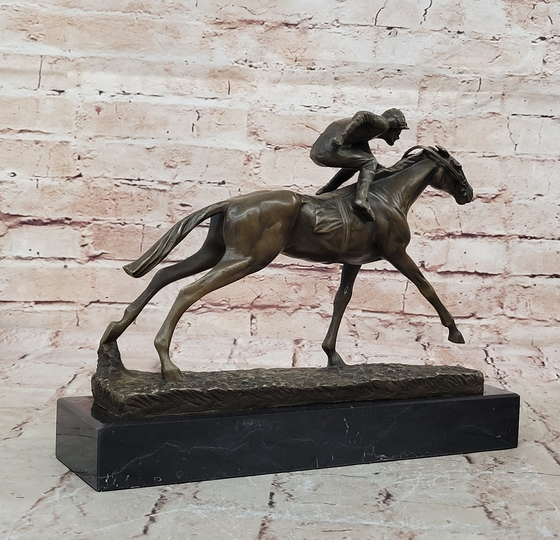 100% Bronze Sculpture Original  Signed Statue Of Jockey& Race Horse Office Trophy