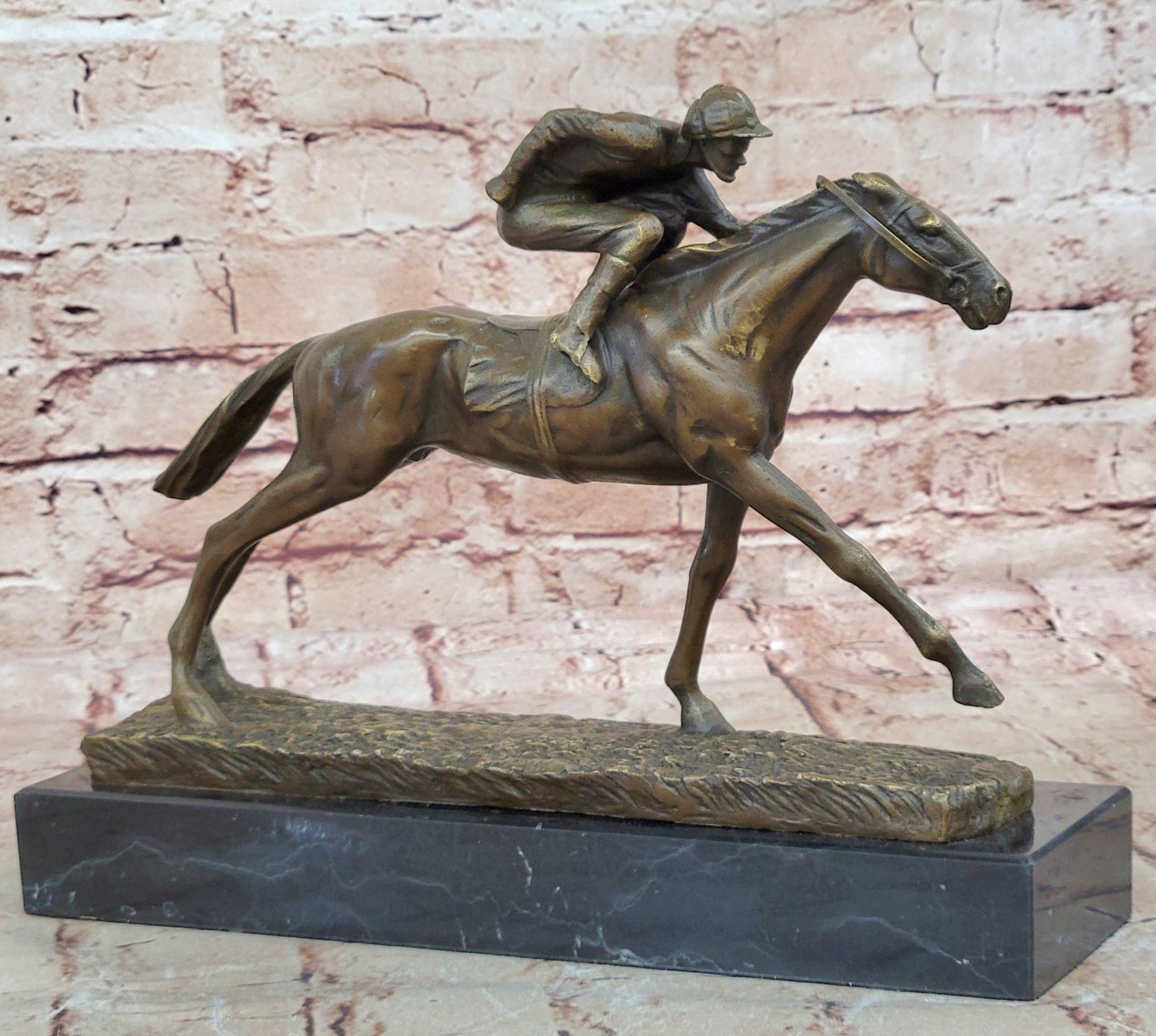 100% Bronze Sculpture Original  Signed Statue Of Jockey& Race Horse Office Trophy
