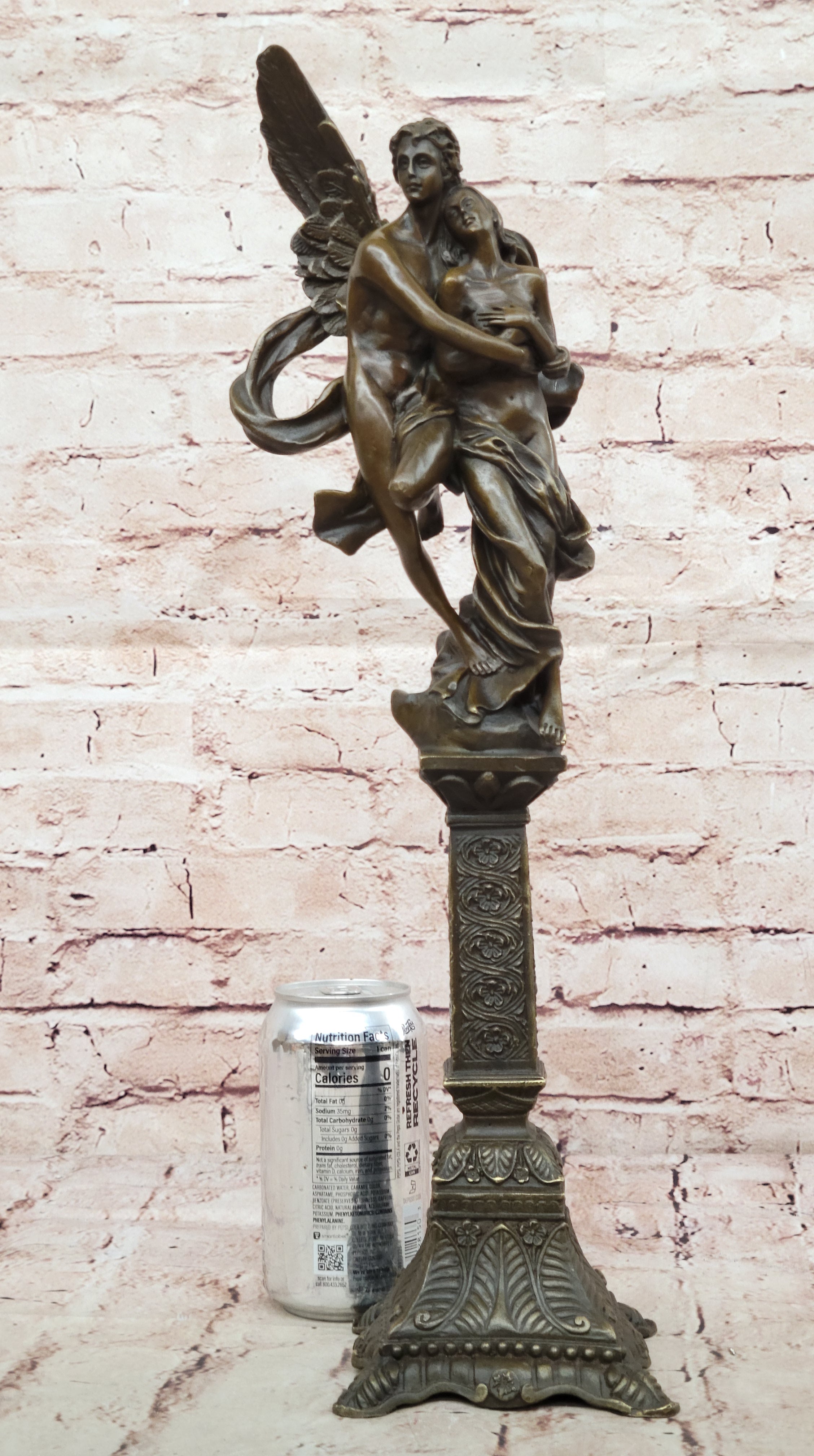Tall Nude Male Angel Carries Girl Bronze Sculpture Art Nouveau Mythical Deco
