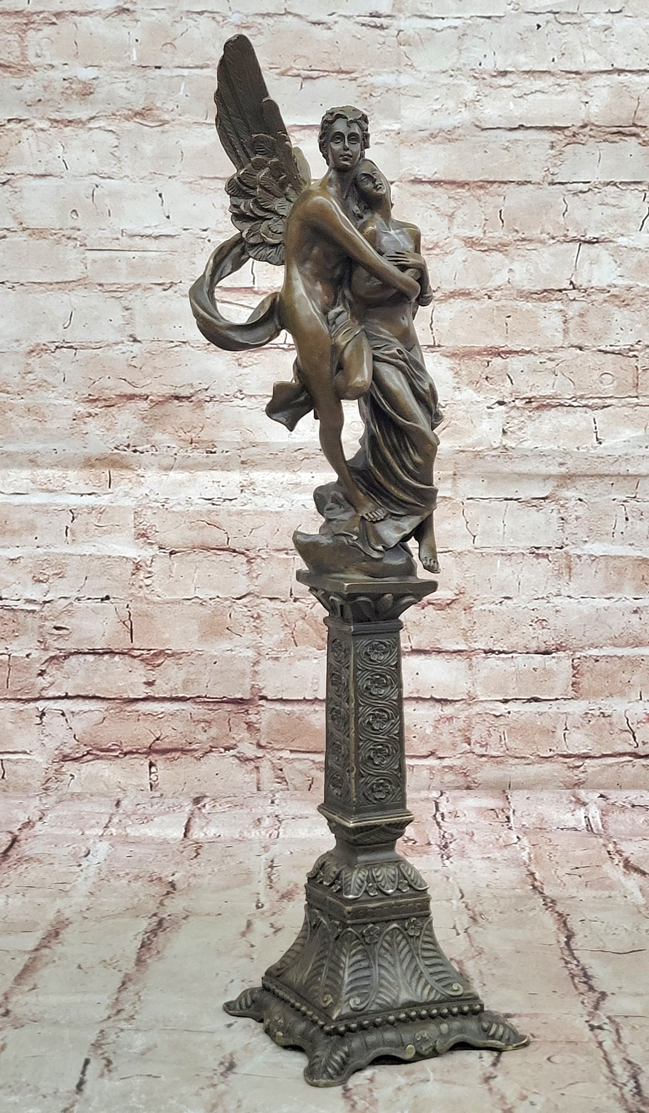 Tall Nude Male Angel Carries Girl Bronze Sculpture Art Nouveau Mythical Deco