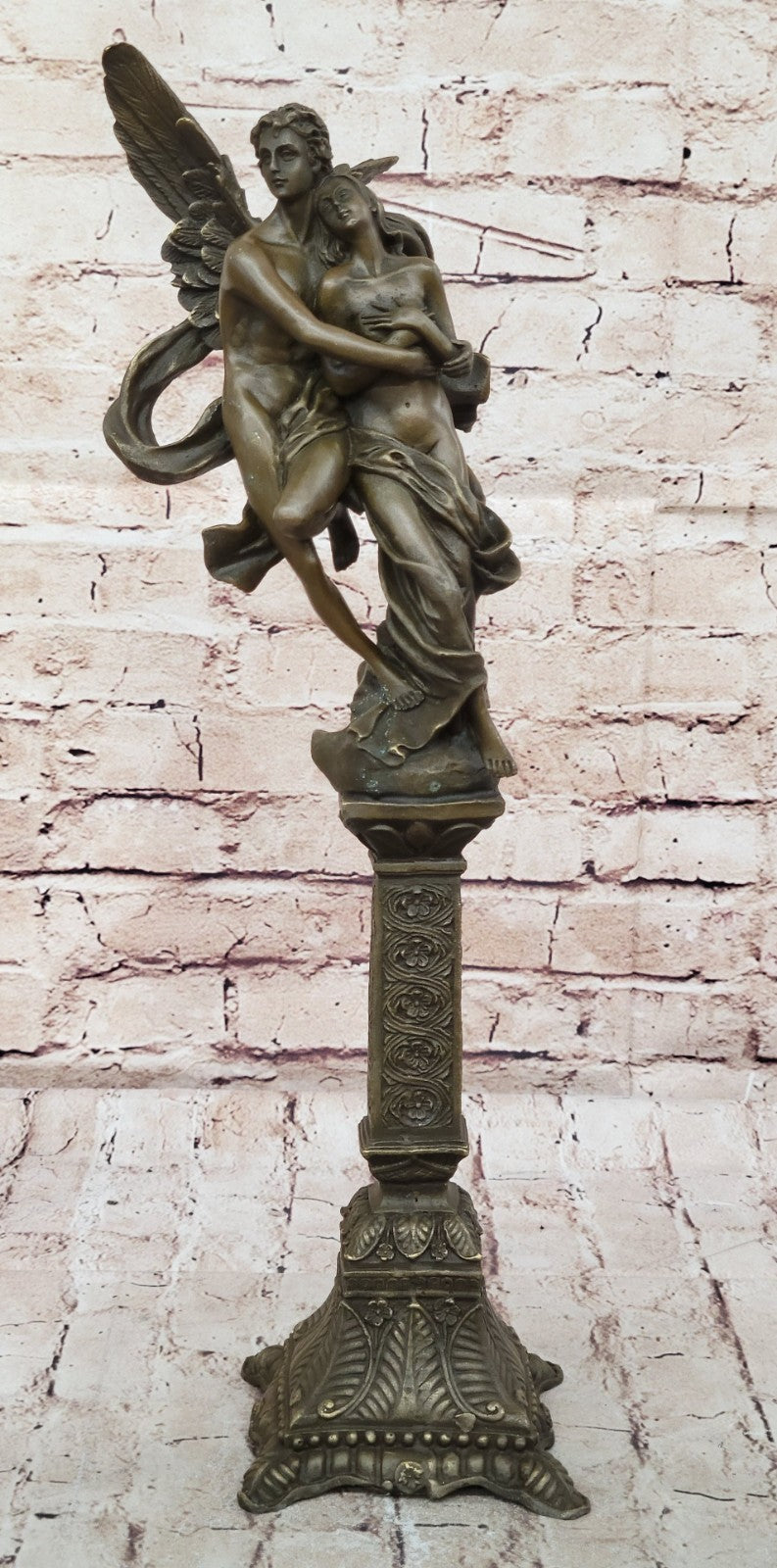 Tall Nude Male Angel Carries Girl Bronze Sculpture Art Nouveau Mythical Deco