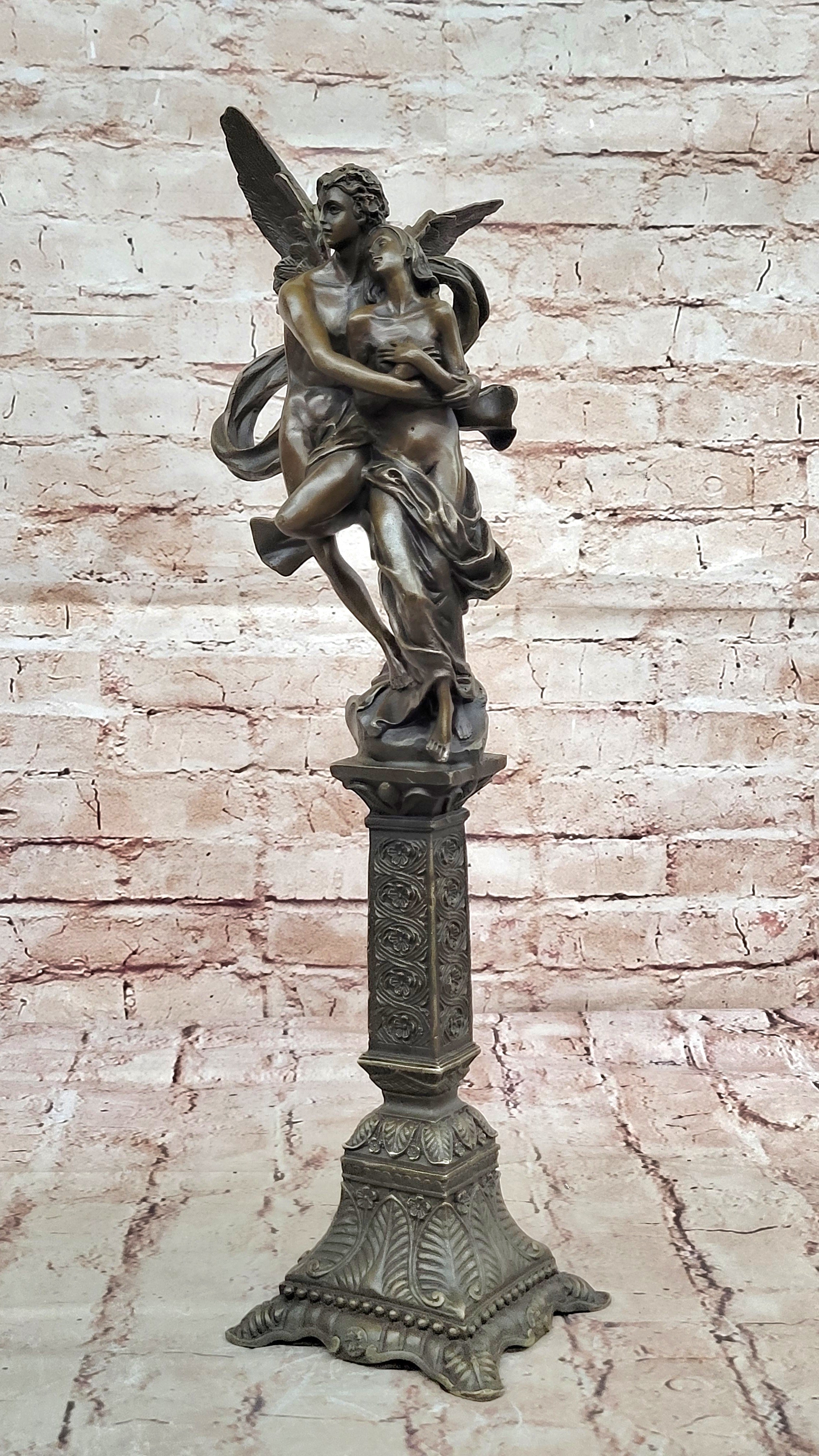 Tall Nude Male Angel Carries Girl Bronze Sculpture Art Nouveau Mythical Deco