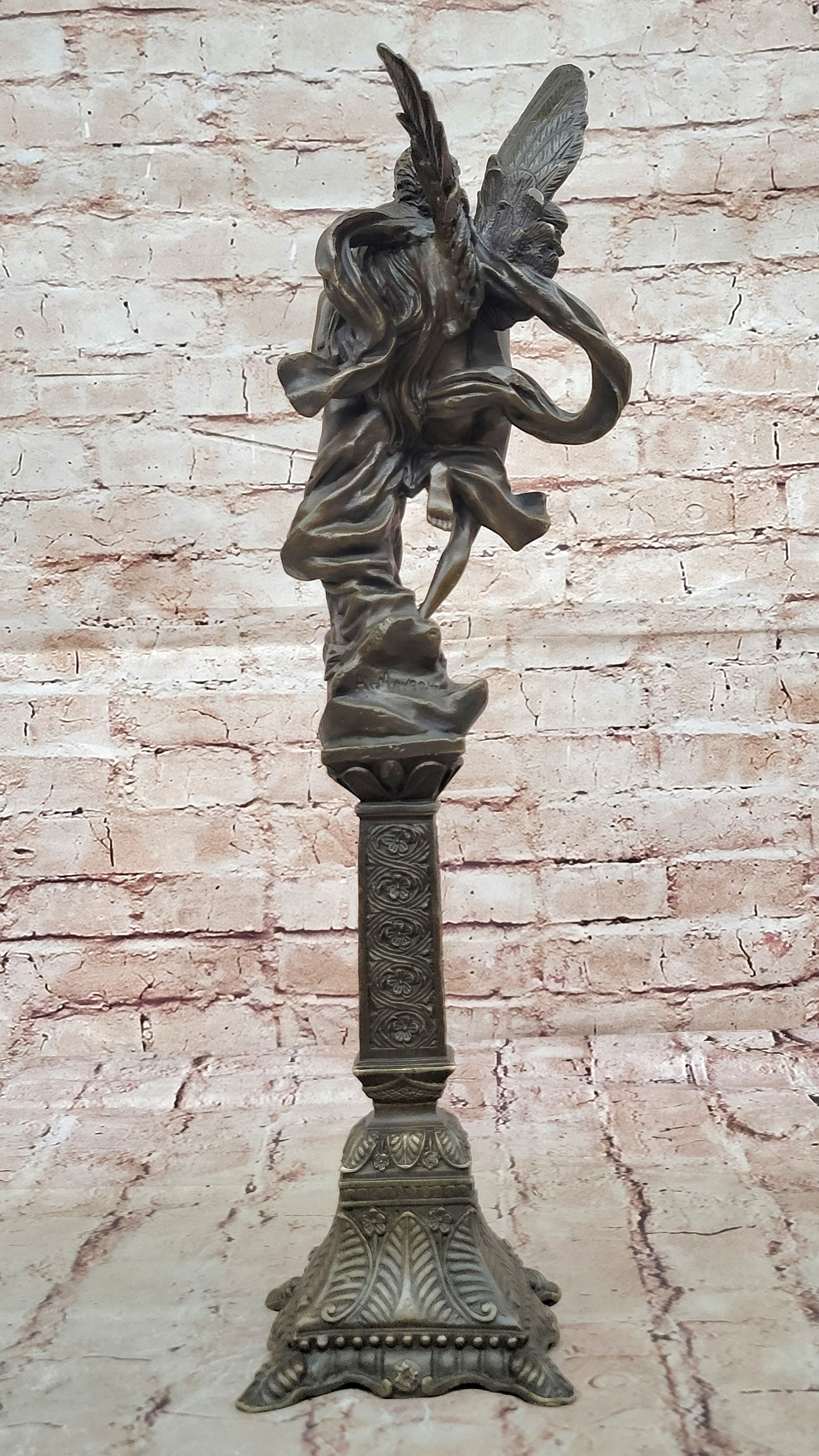 Tall Nude Male Angel Carries Girl Bronze Sculpture Art Nouveau Mythical Deco
