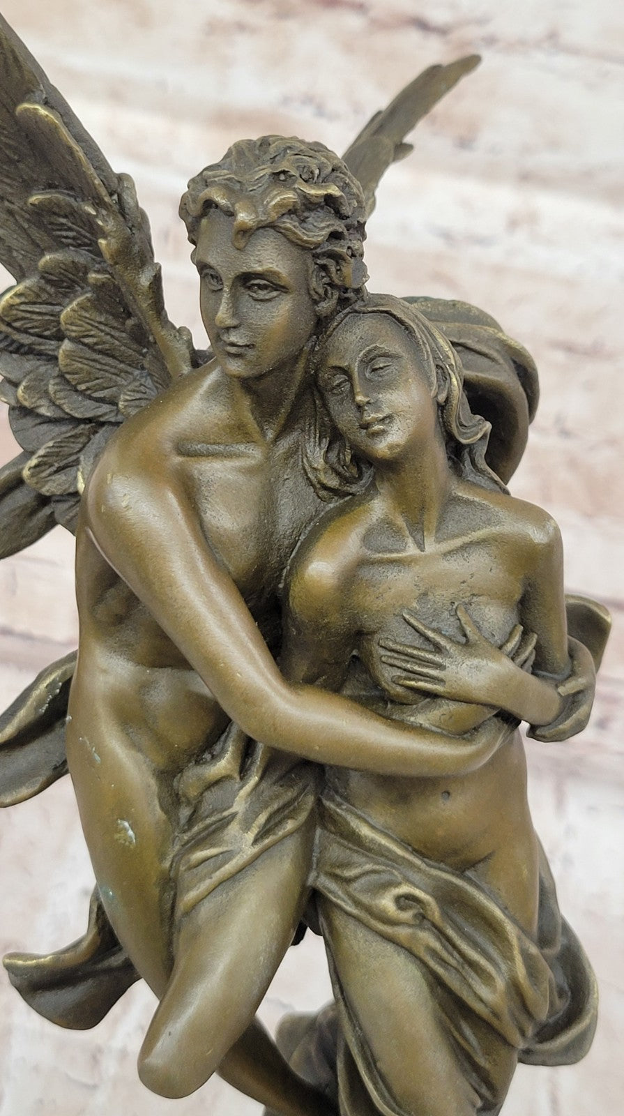 Tall Nude Male Angel Carries Girl Bronze Sculpture Art Nouveau Mythical Deco