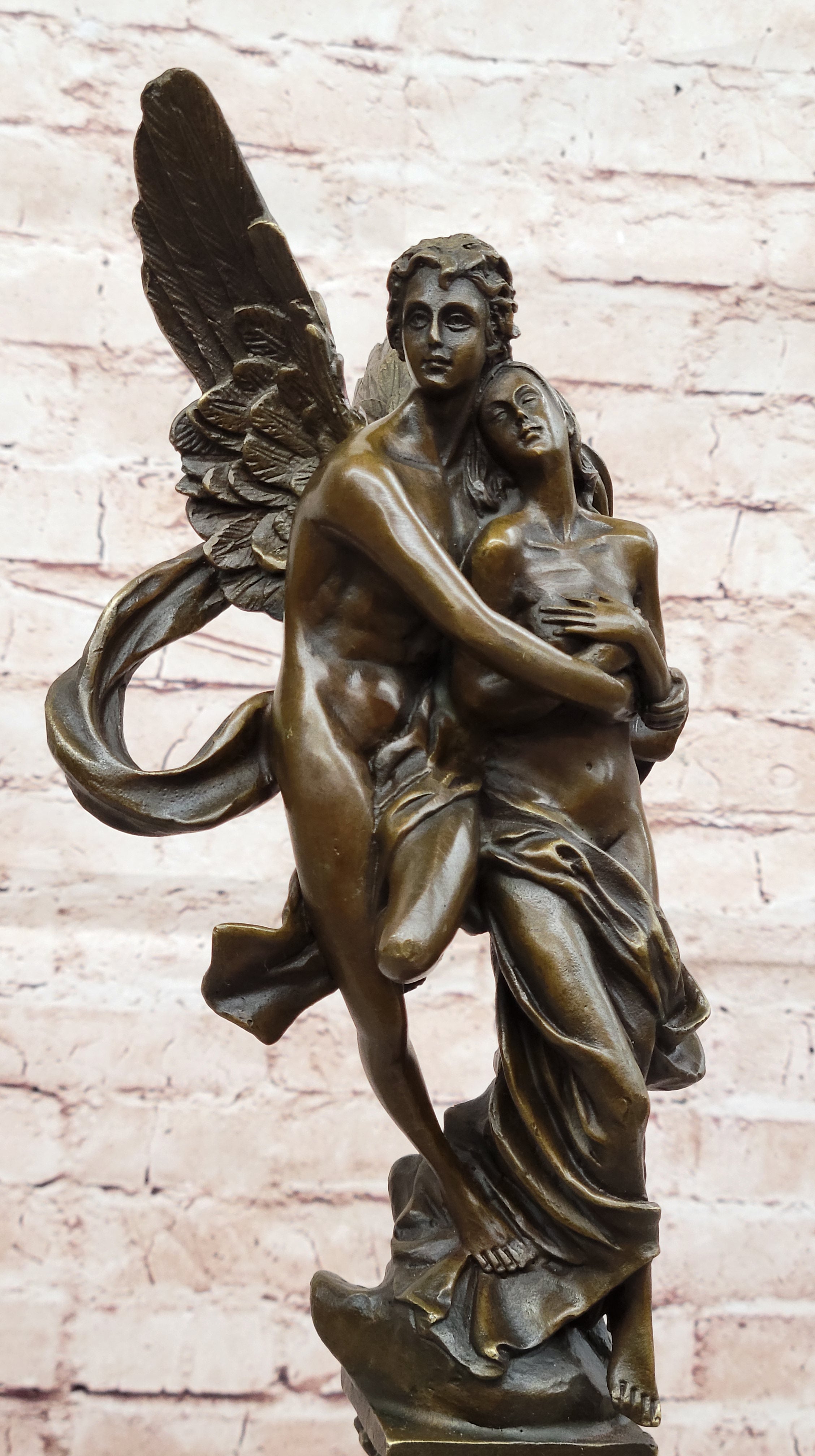 Tall Nude Male Angel Carries Girl Bronze Sculpture Art Nouveau Mythical Deco