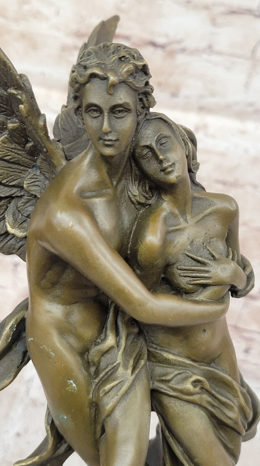 Tall Nude Male Angel Carries Girl Bronze Sculpture Art Nouveau Mythical Deco