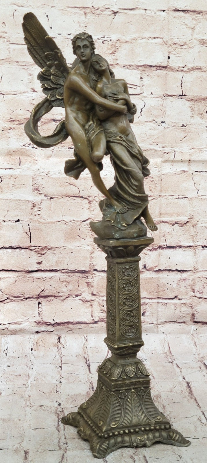 Tall Nude Male Angel Carries Girl Bronze Sculpture Art Nouveau Mythical Deco