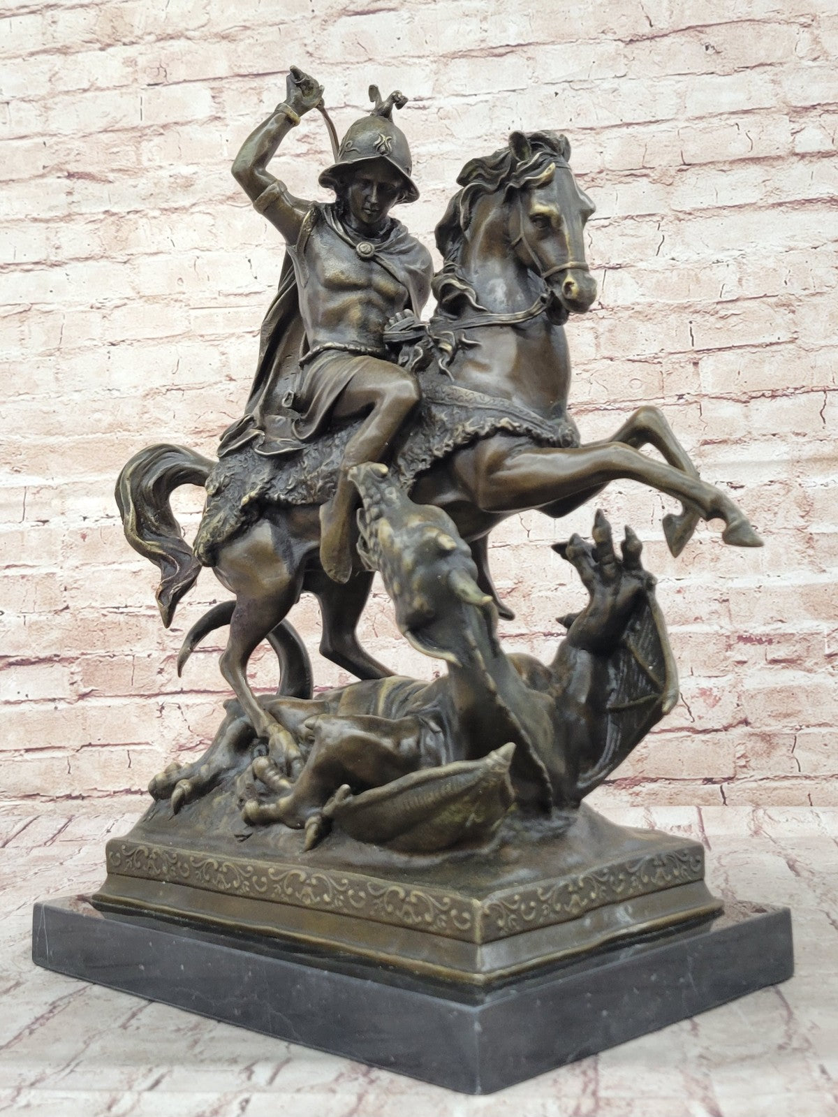 Signed Saint George killing Dragon Bronze Sculpture Art Statue Figurine Figure