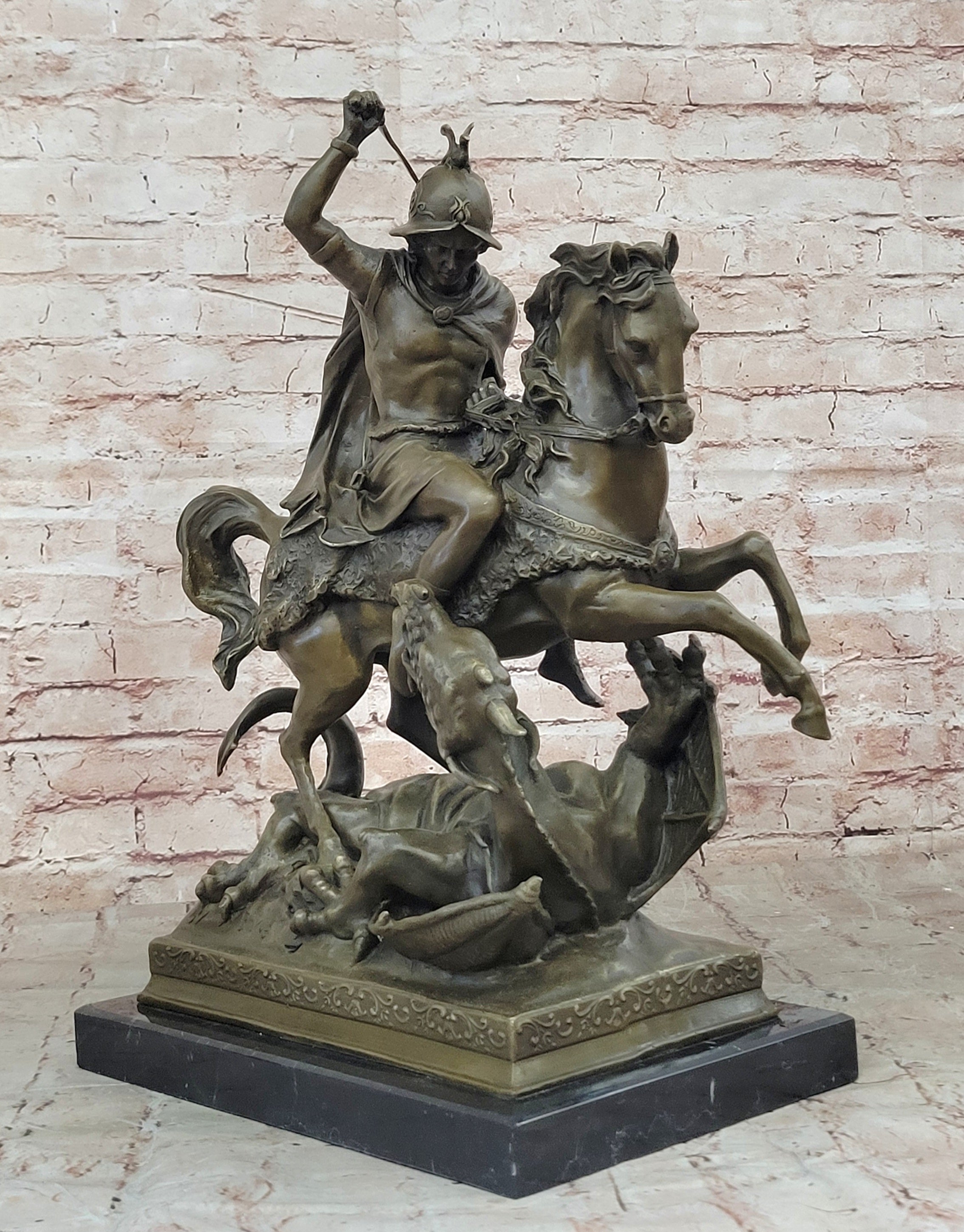 Signed Saint George killing Dragon Bronze Sculpture Art Statue Figurine Figure