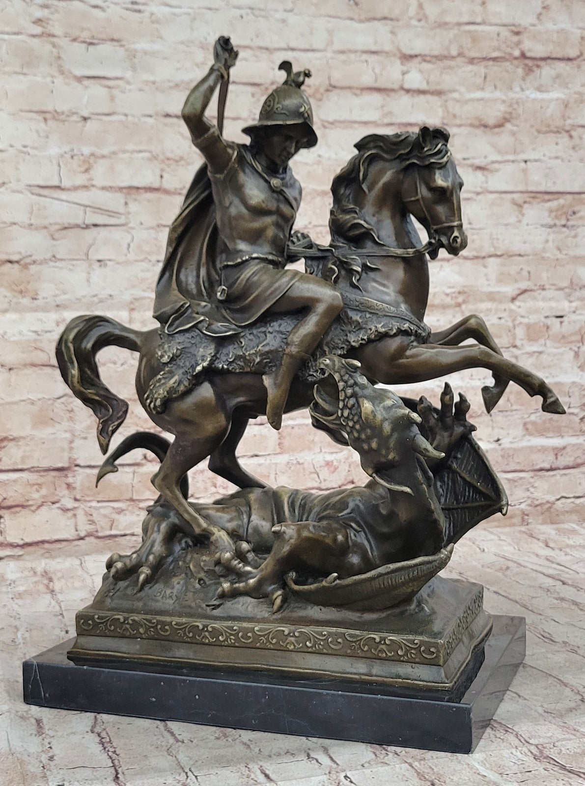 Signed Saint George killing Dragon Bronze Sculpture Art Statue Figurine Figure