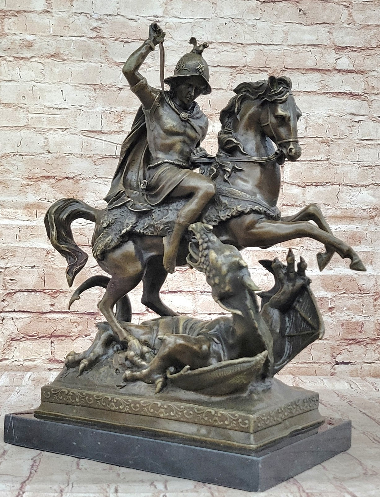 Signed Saint George killing Dragon Bronze Sculpture Art Statue Figurine Figure