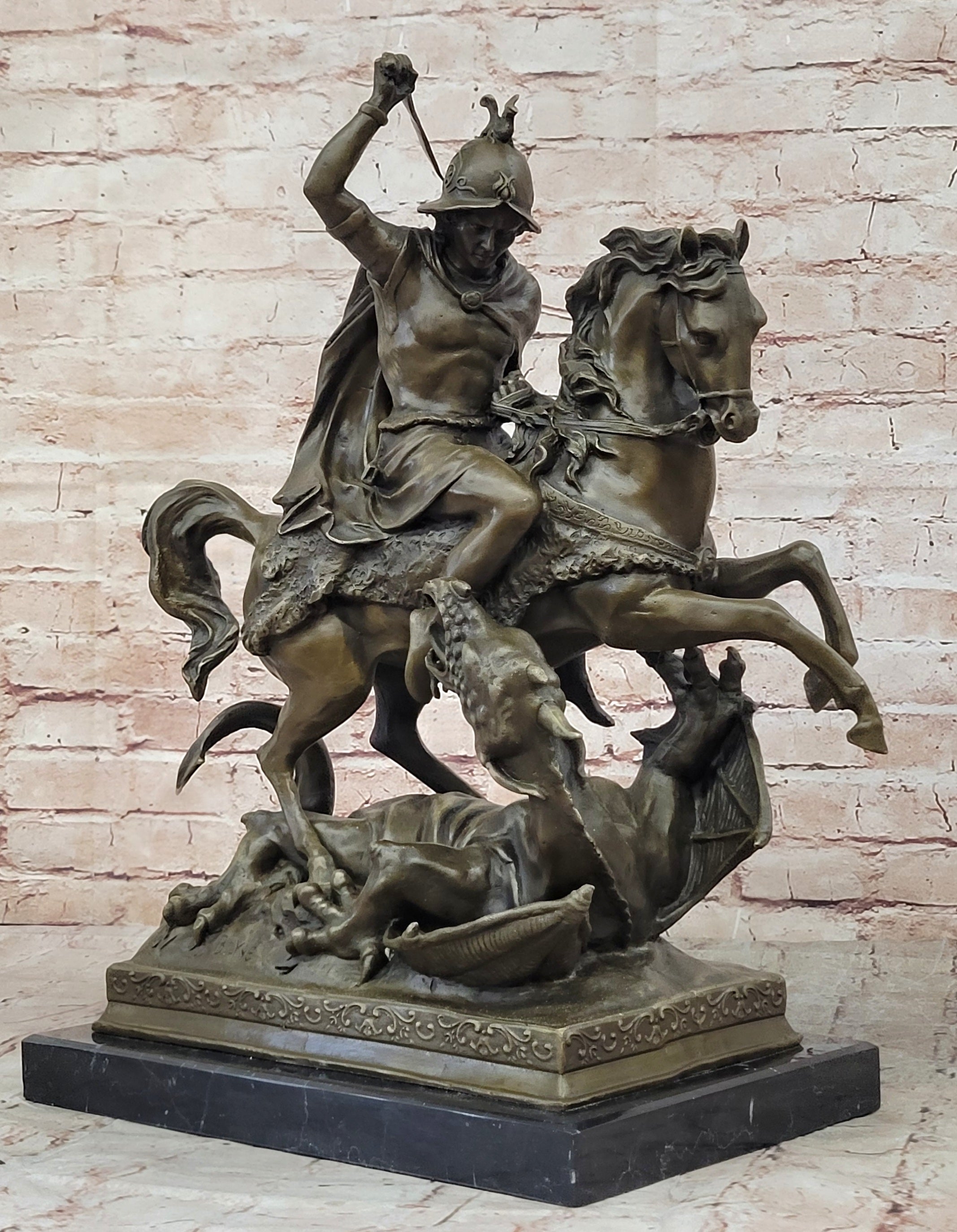 Signed Saint George killing Dragon Bronze Sculpture Art Statue Figurine Figure