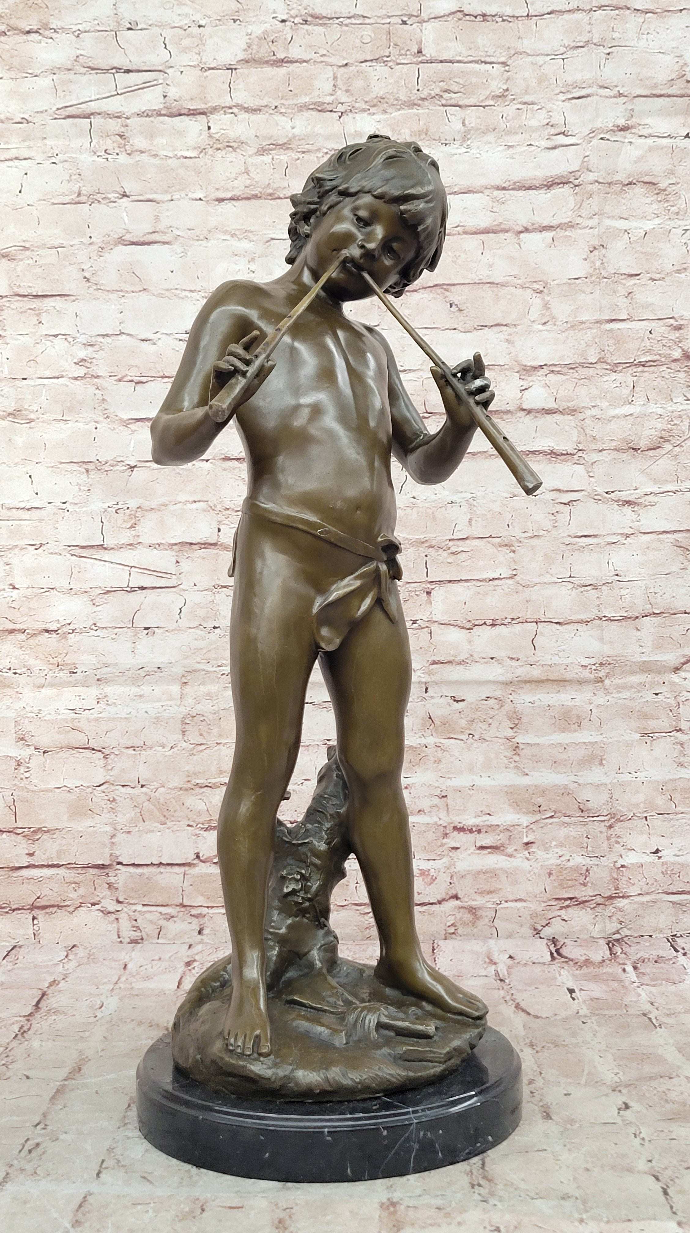 Hand Made Genuine Heavy Solid Bronze Boy playing Flute Bronze Sculpture Sale