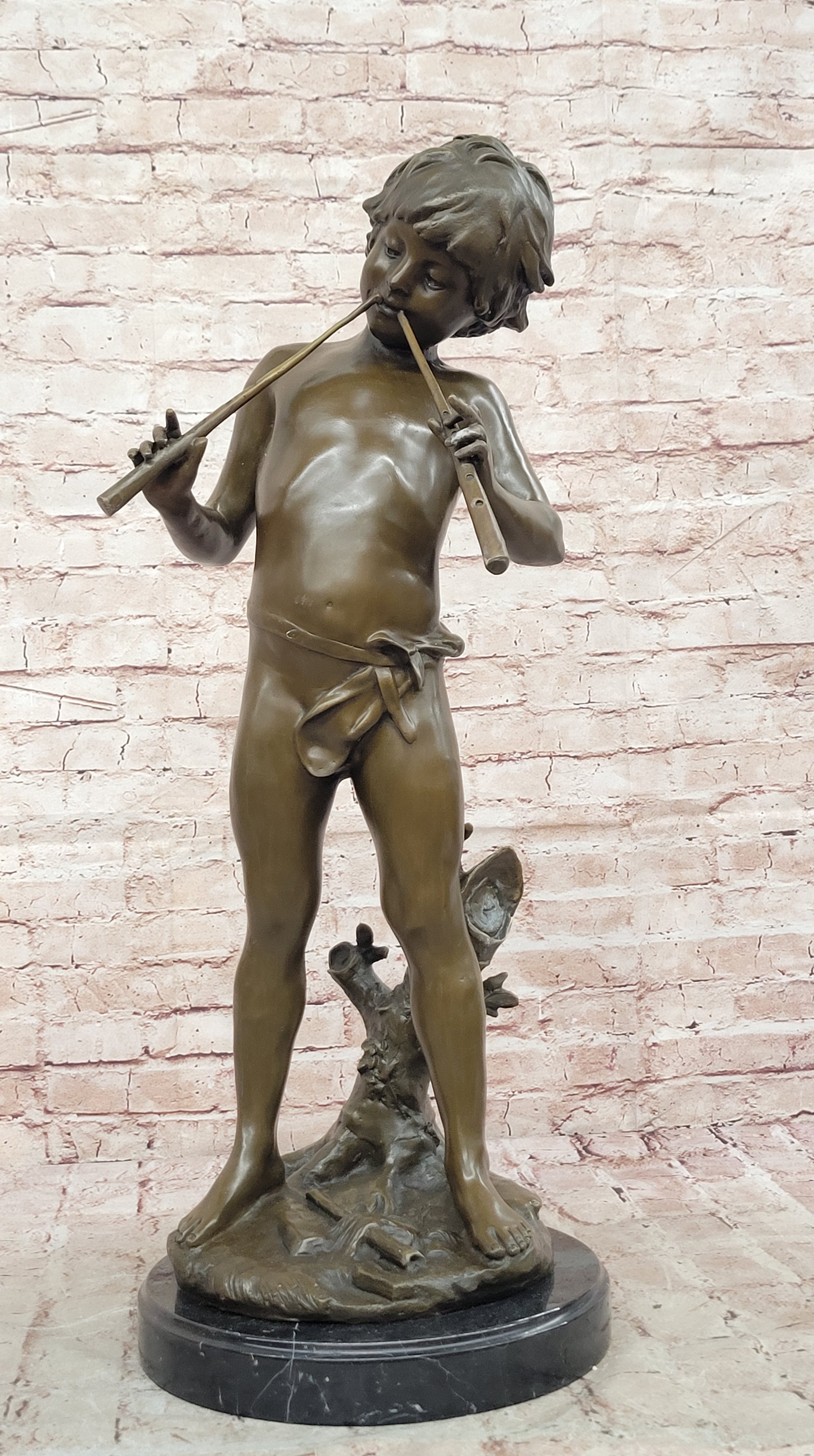 Hand Made Genuine Heavy Solid Bronze Boy playing Flute Bronze Sculpture Sale