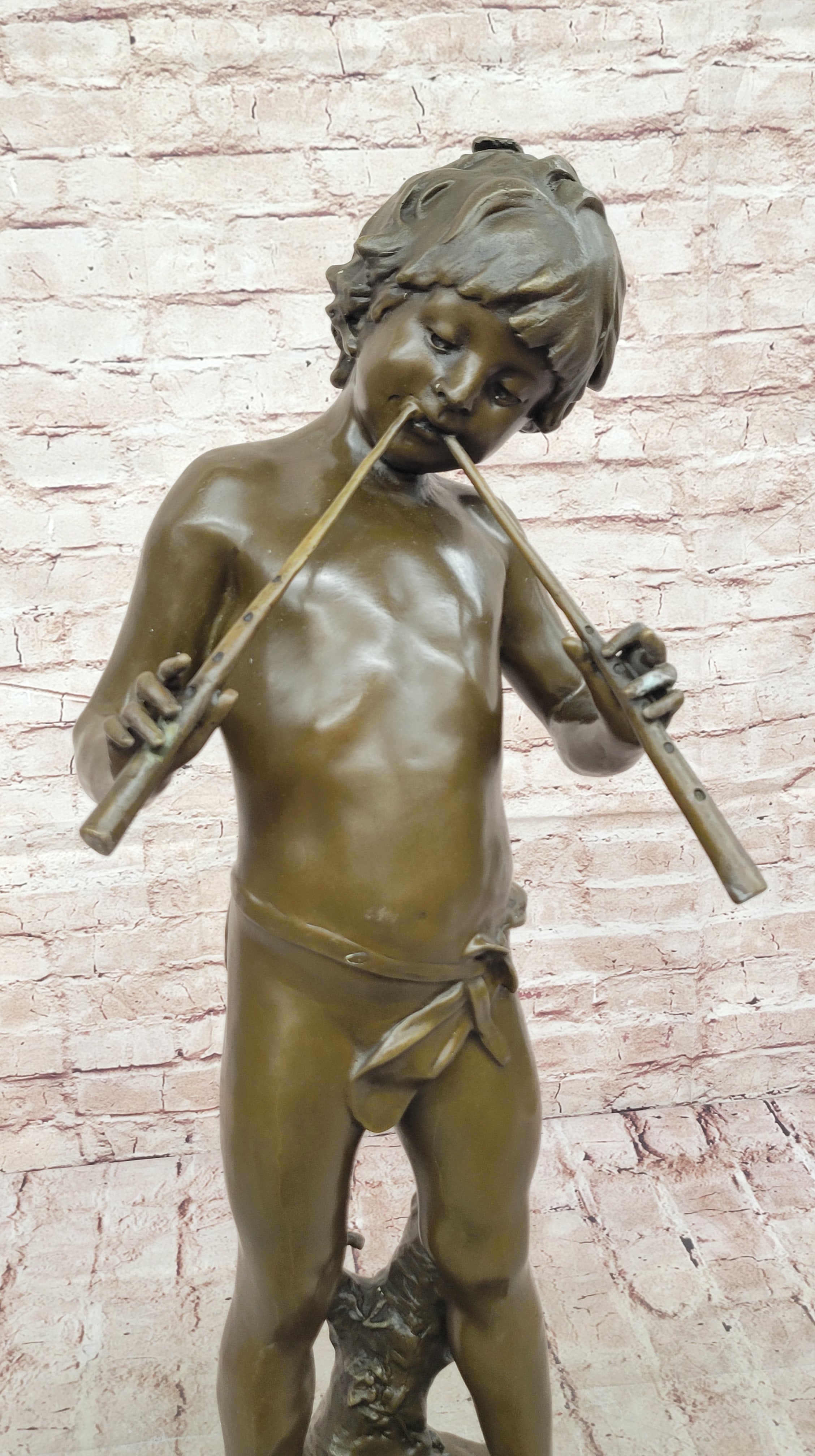 Hand Made Genuine Heavy Solid Bronze Boy playing Flute Bronze Sculpture Sale