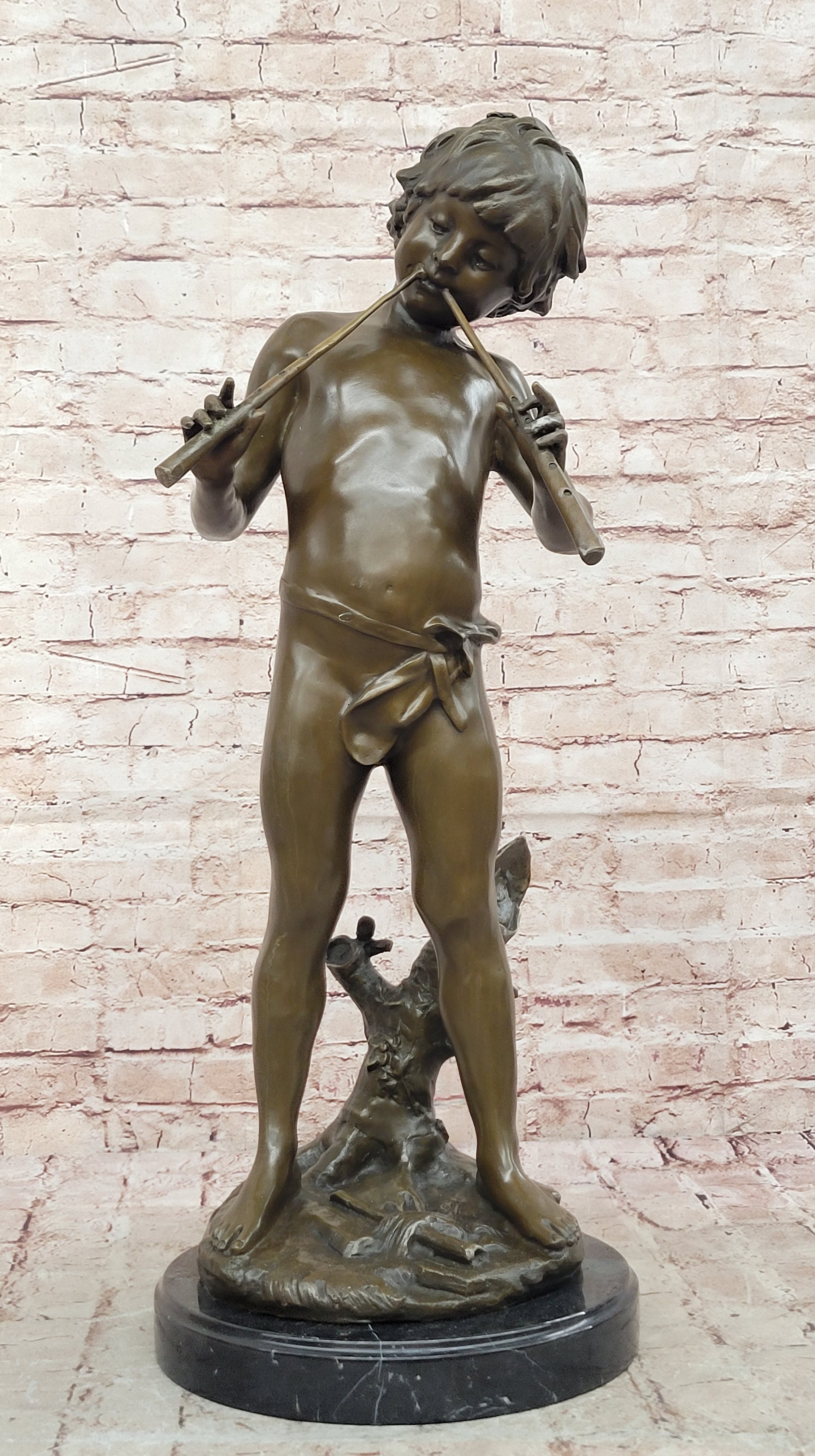 Hand Made Genuine Heavy Solid Bronze Boy playing Flute Bronze Sculpture Sale