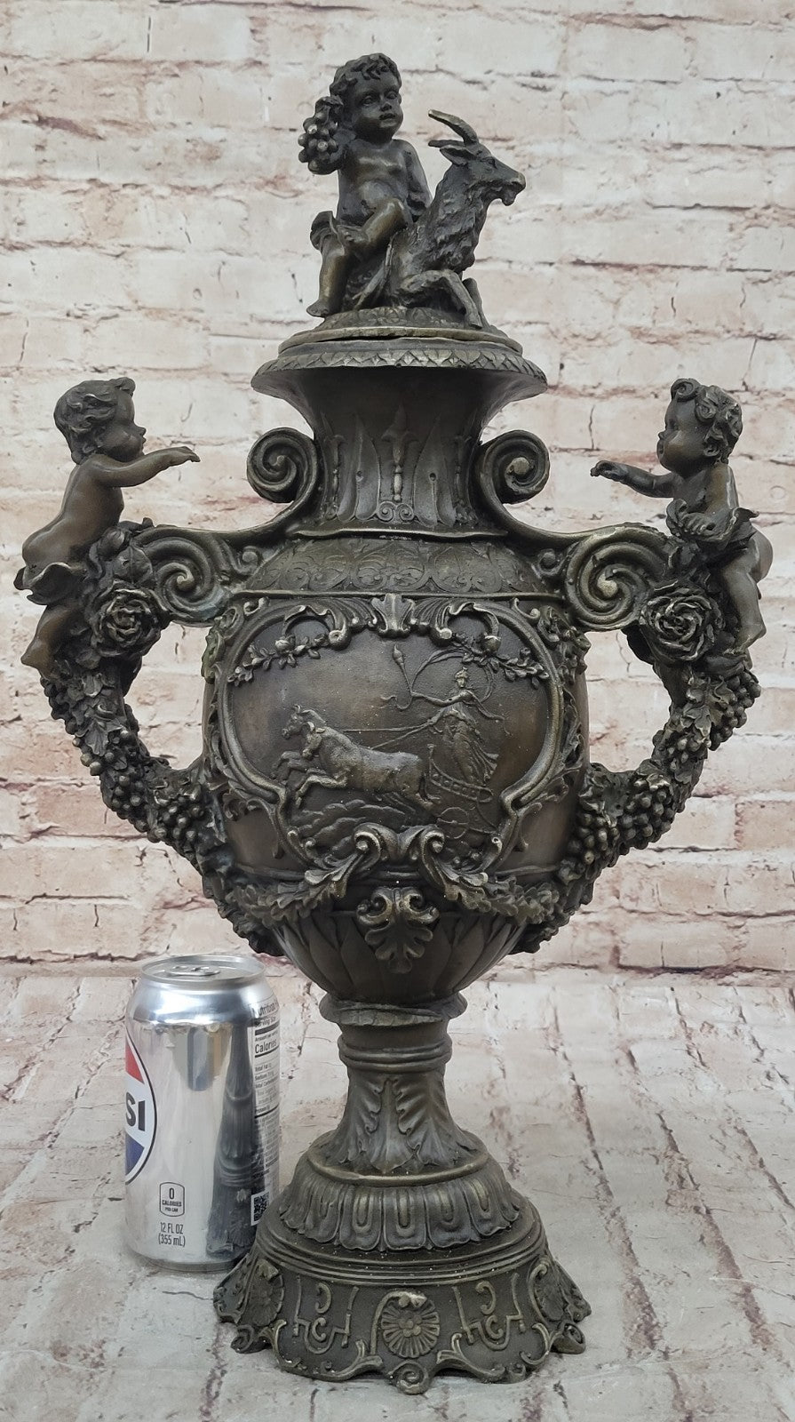 Handcrafted Urn Mythical Mythology Cherubs Baby Angel Bronze Sculpture Statue