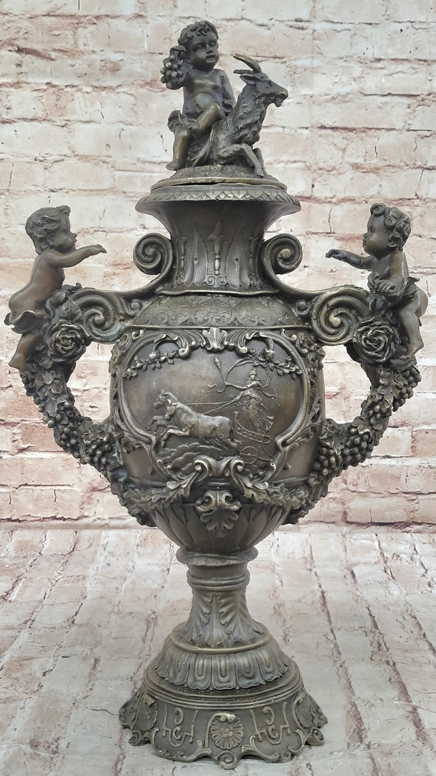 Handcrafted Urn Mythical Mythology Cherubs Baby Angel Bronze Sculpture Statue
