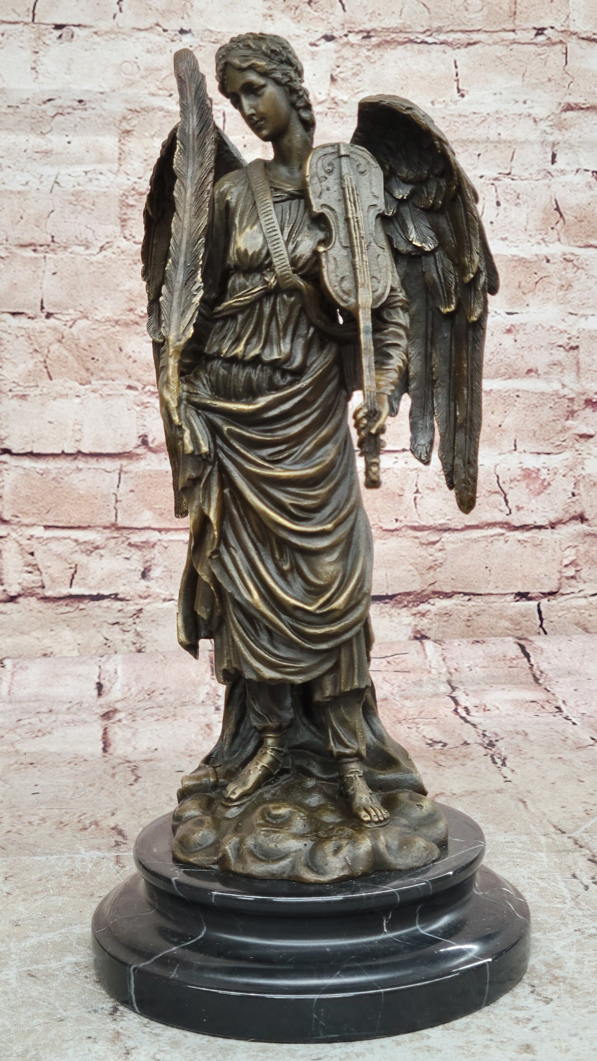 Auguste Moreau Inspired Angel Bronze Statue Feathered Violin Figurine Collectible