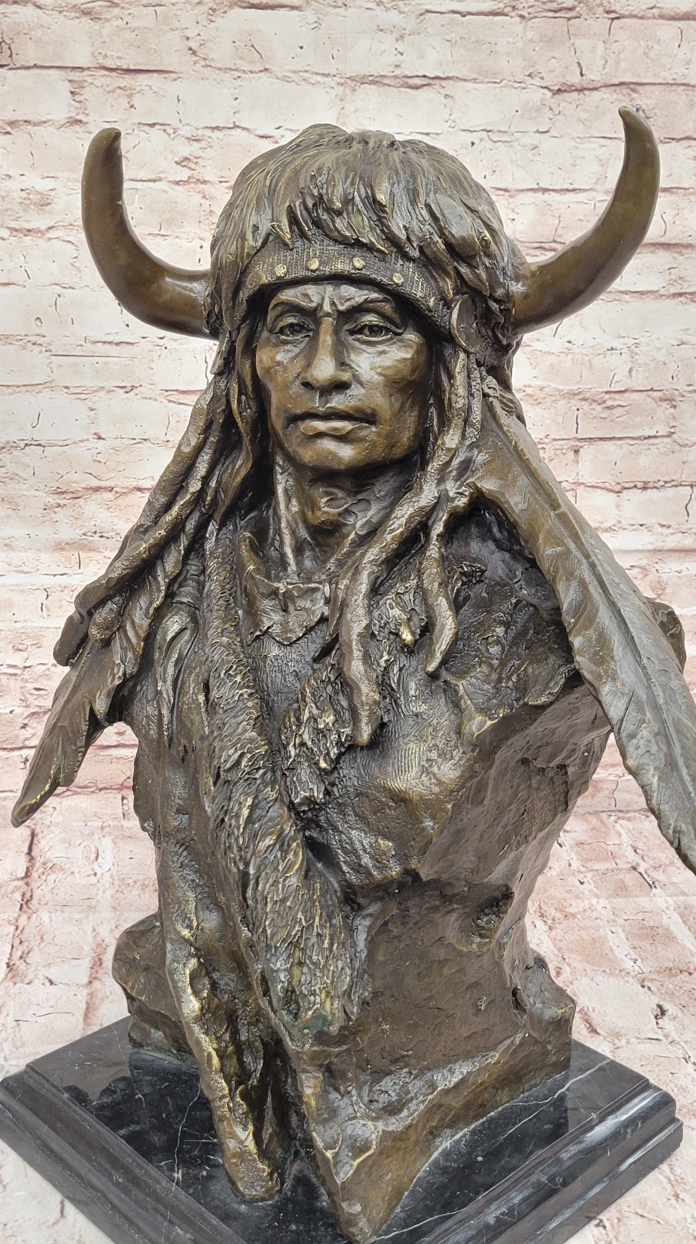 Bronze Sculpture Statue of Native American Warrior Crazy Horse Bust Signed Milo
