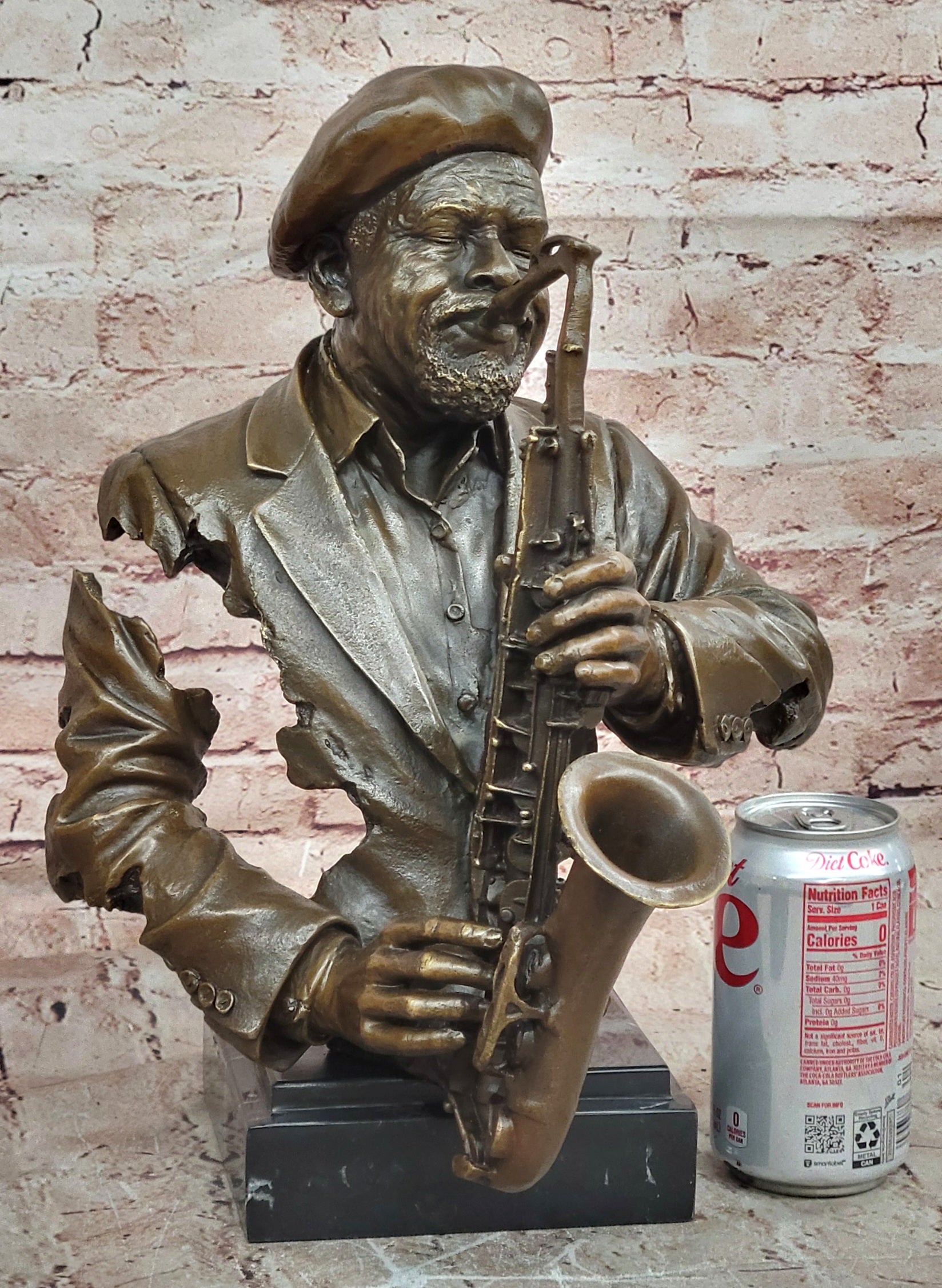Vintage Brutalist Cast Bronze Sculpture Jazz Saxophone Player Figure Mid Century