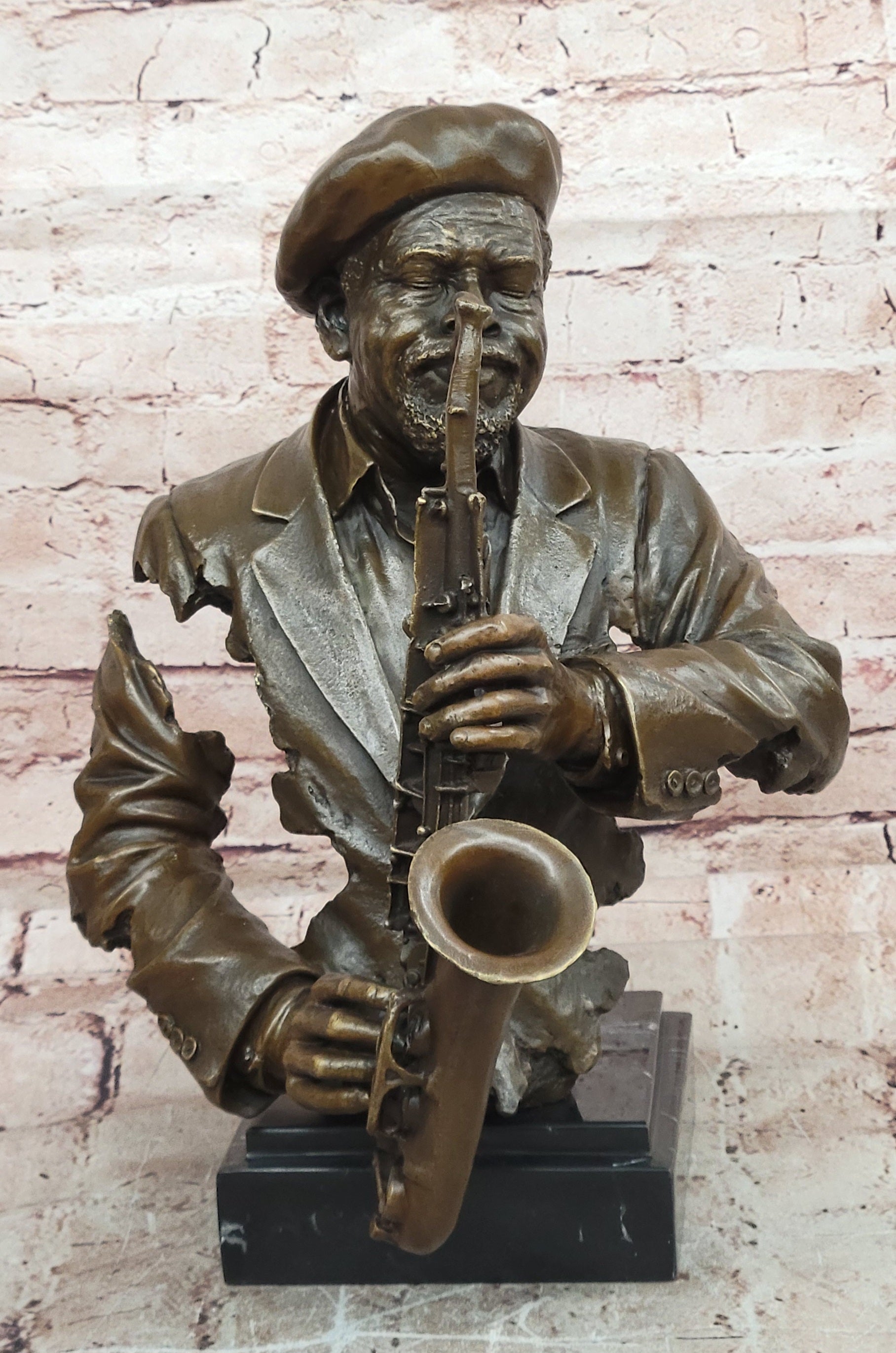 Vintage Brutalist Cast Bronze Sculpture Jazz Saxophone Player Figure Mid Century