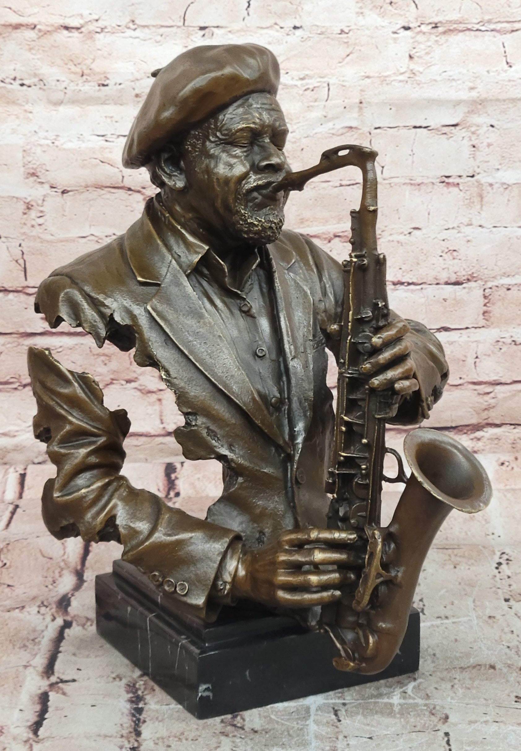 Vintage Brutalist Cast Bronze Sculpture Jazz Saxophone Player Figure Mid Century