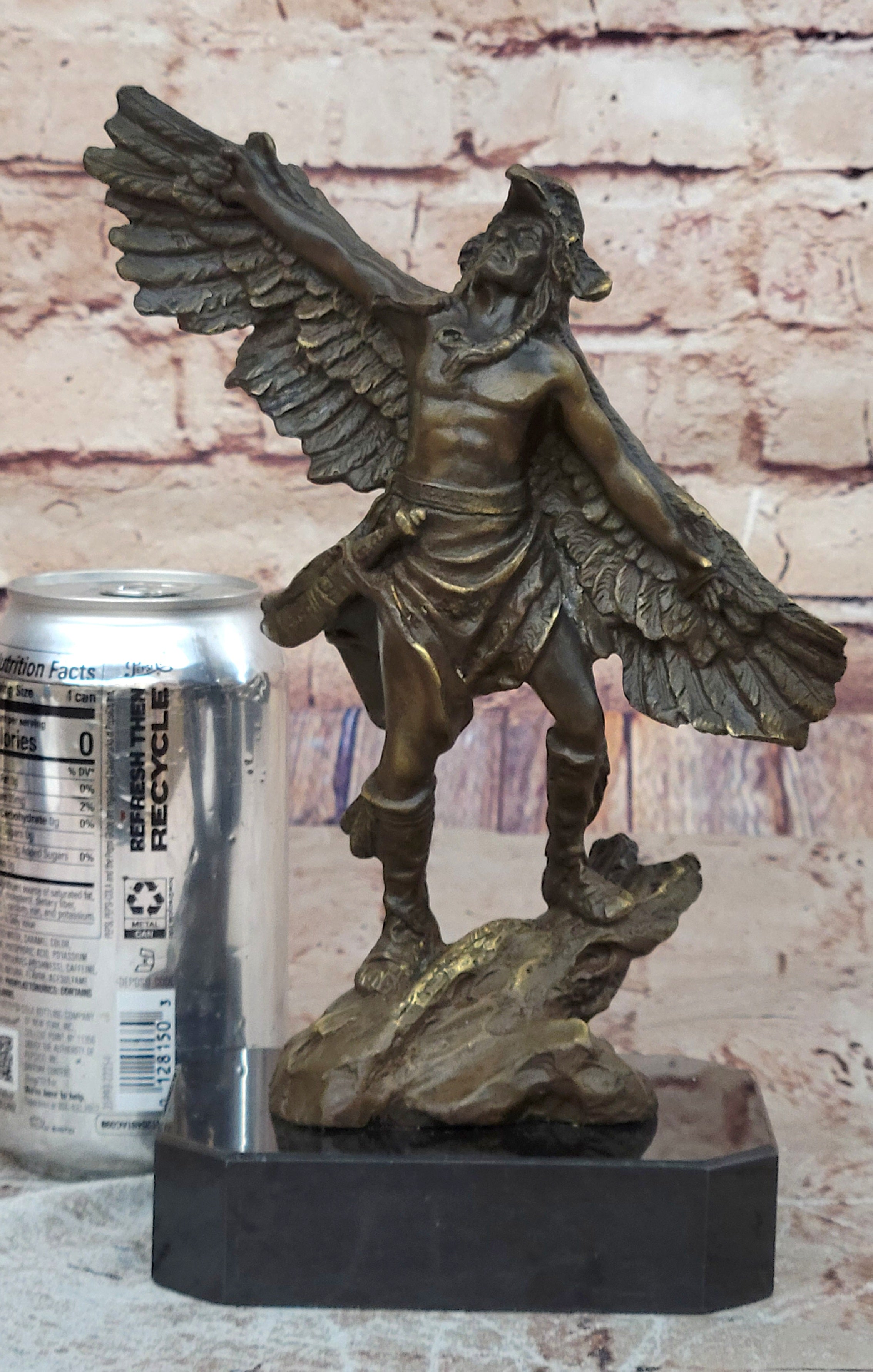 Genuine Bronze Statue Marble Base American Indian Chief Buffalo Headdress Decor