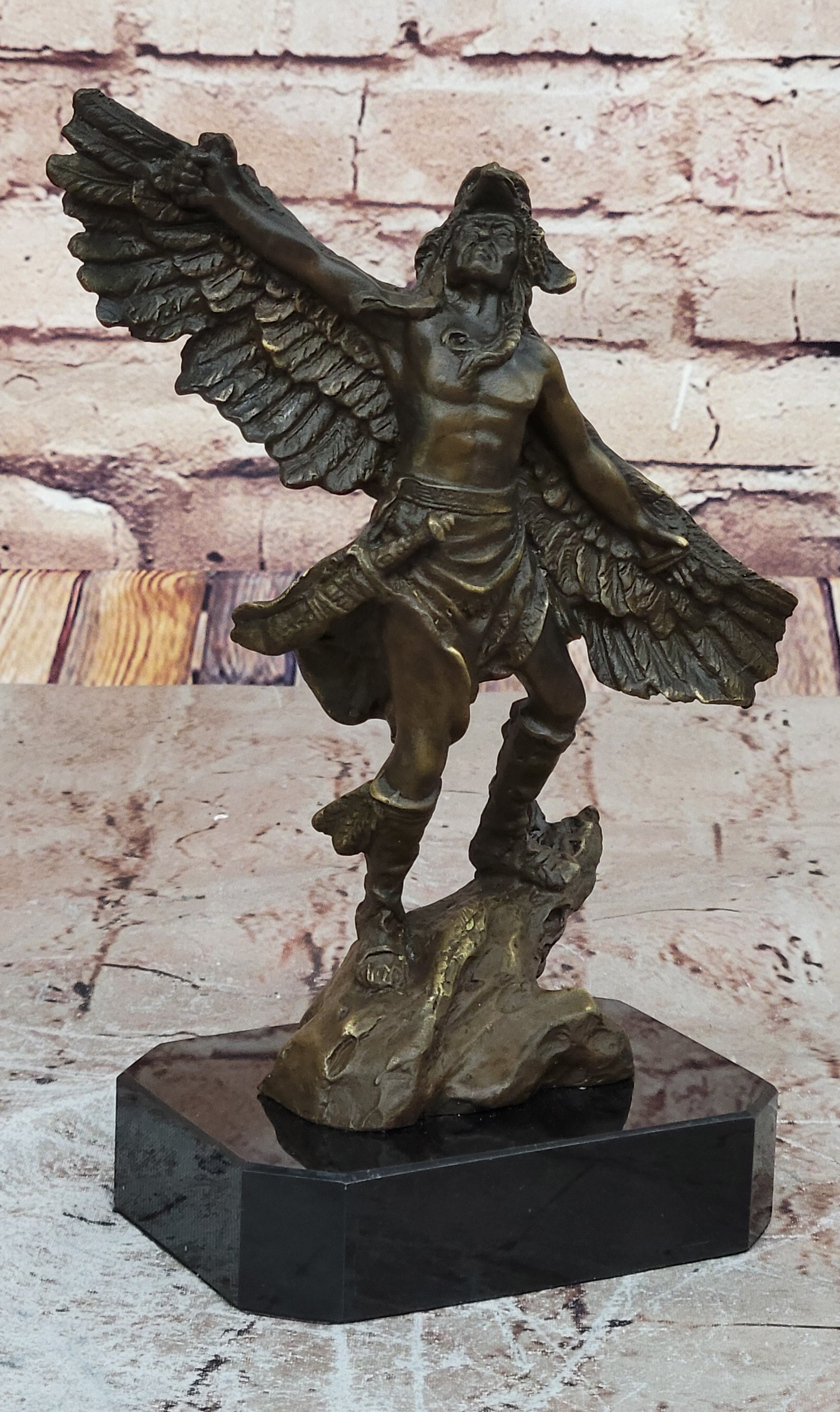Genuine Bronze Statue Marble Base American Indian Chief Buffalo Headdress Decor