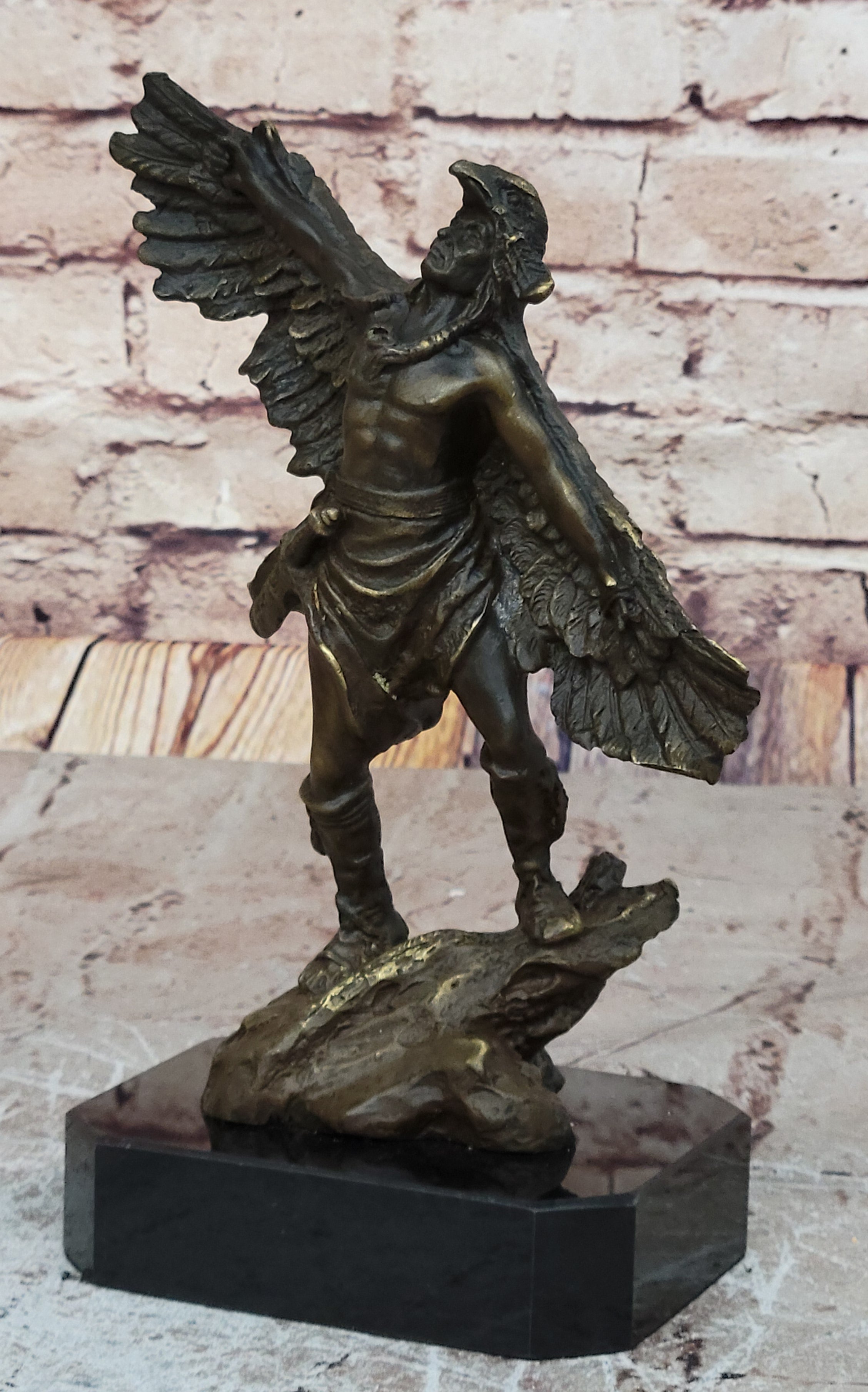 Genuine Bronze Statue Marble Base American Indian Chief Buffalo Headdress Decor