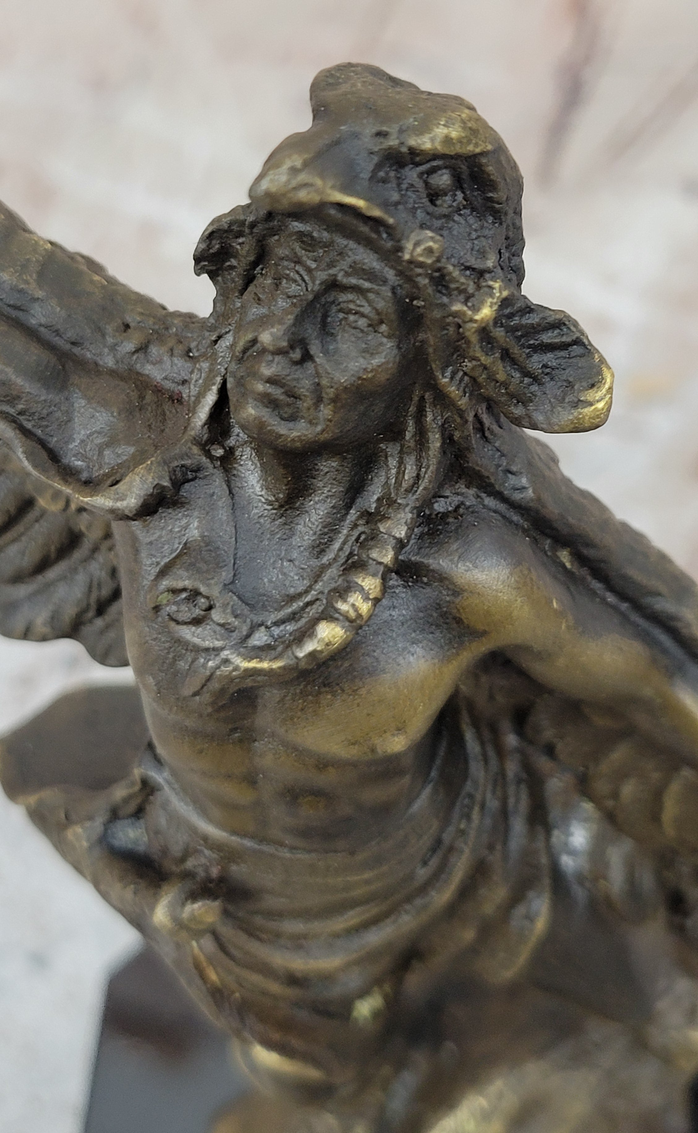 Genuine Bronze Statue Marble Base American Indian Chief Buffalo Headdress Decor