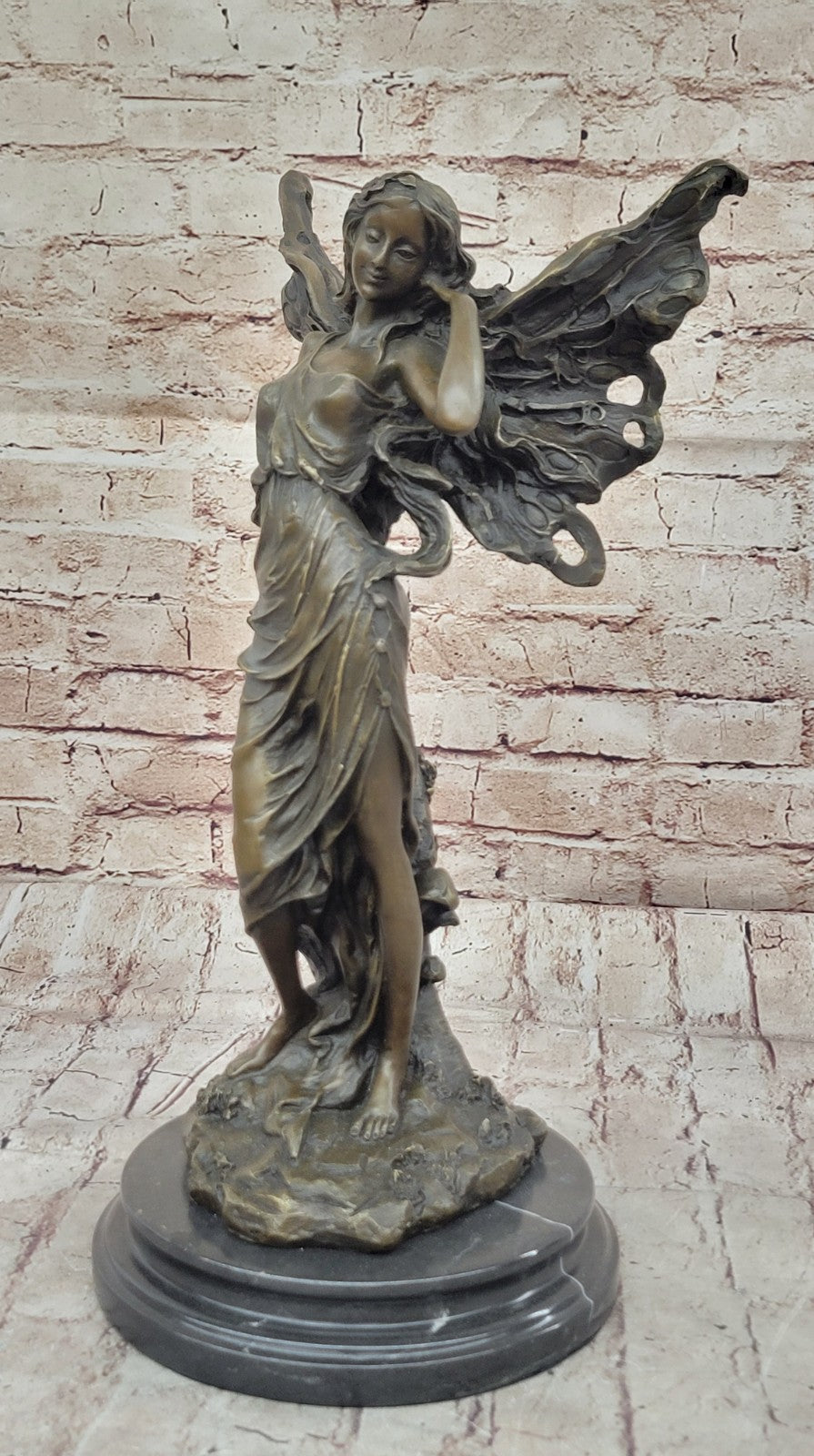 Art Deco Magical Fairy with Wings Gilt Bronze Sculpture Marble Base Statue SALE
