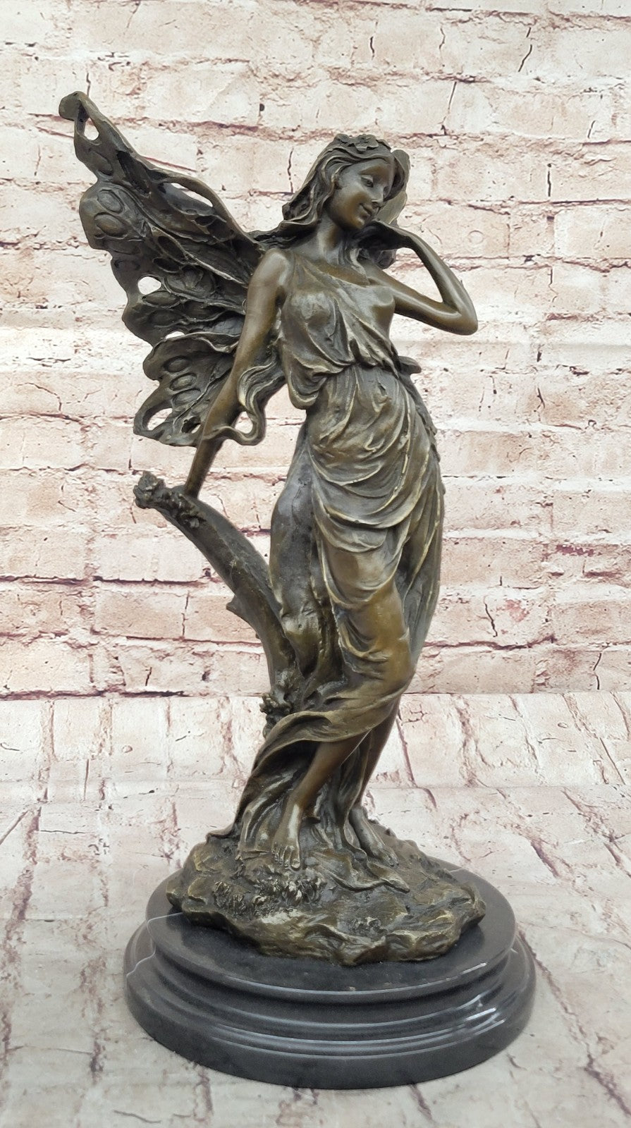 Art Deco Magical Fairy with Wings Gilt Bronze Sculpture Marble Base Statue SALE