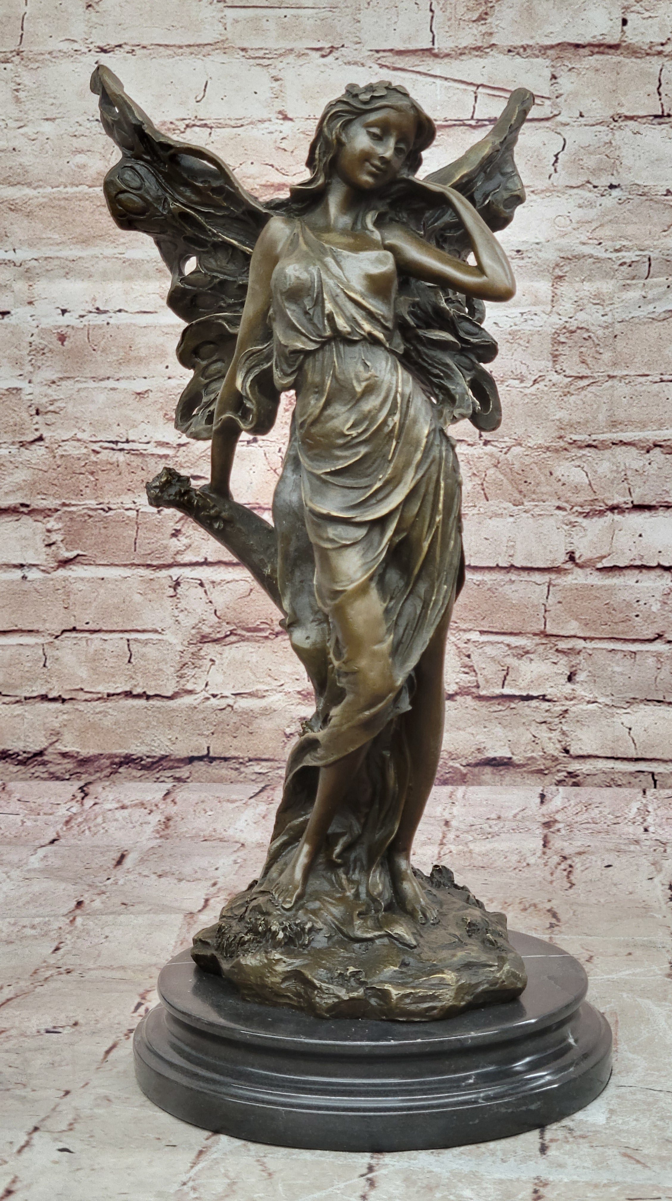 Art Deco Magical Fairy with Wings Gilt Bronze Sculpture Marble Base Statue SALE