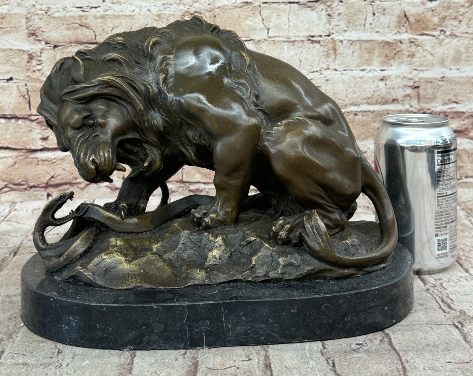 Bronze Lion and Snake Sculpture on a solid marble base, Art, Ornament.