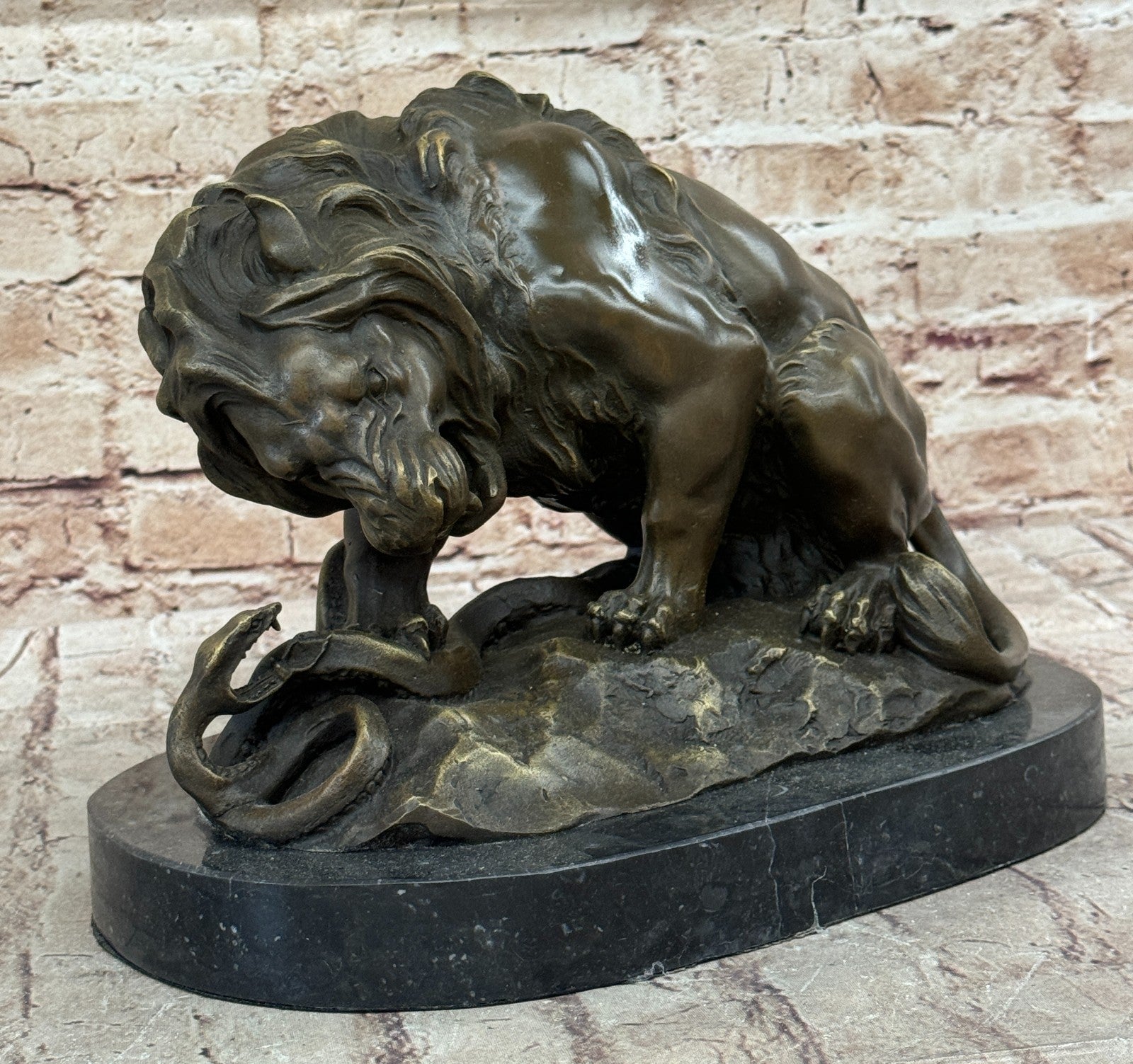 Bronze Lion and Snake Sculpture on a solid marble base, Art, Ornament.