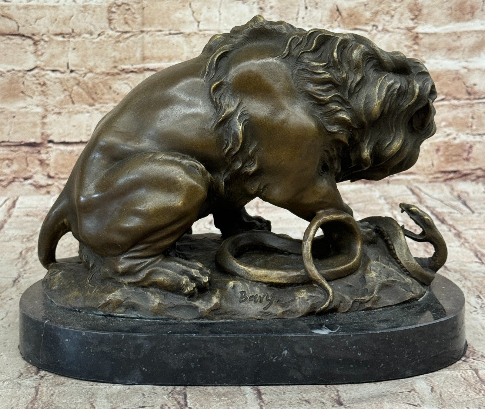 Bronze Lion and Snake Sculpture on a solid marble base, Art, Ornament.