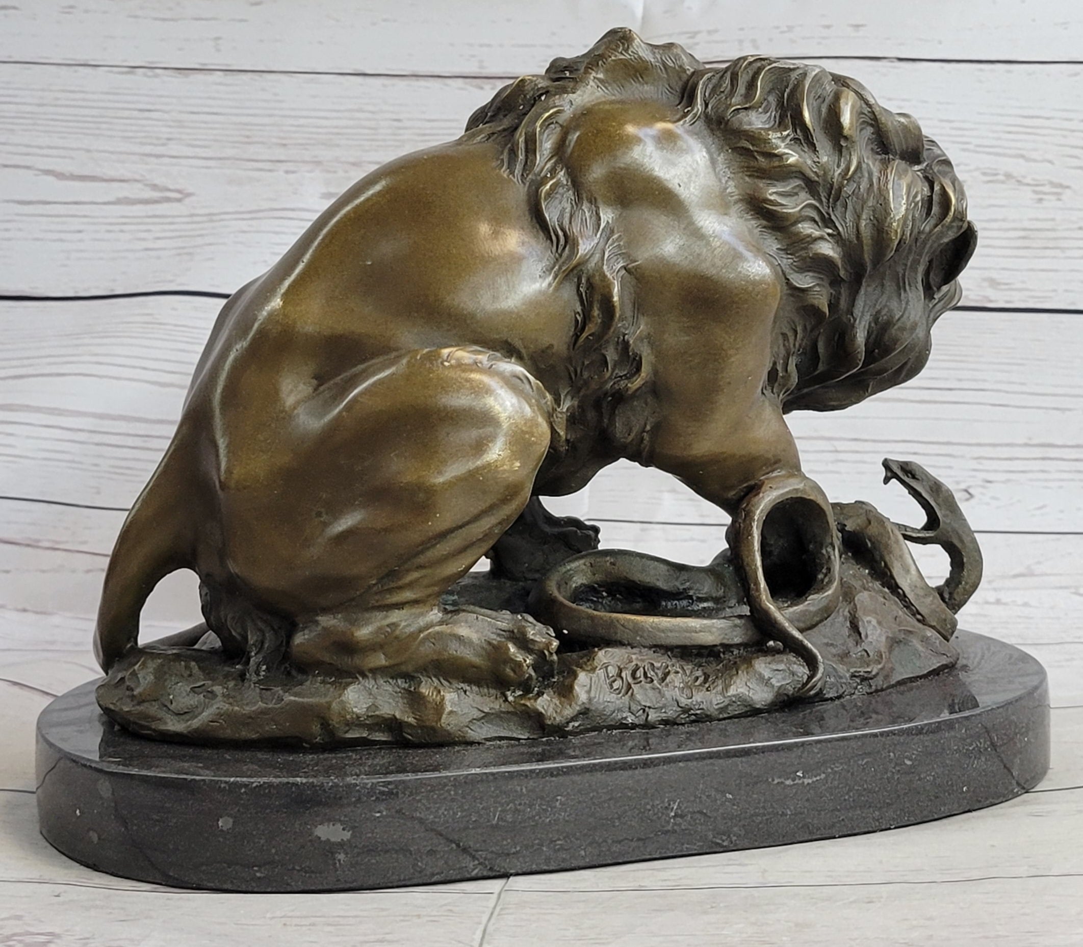 Bronze Lion and Snake Sculpture on a solid marble base, Art, Ornament.