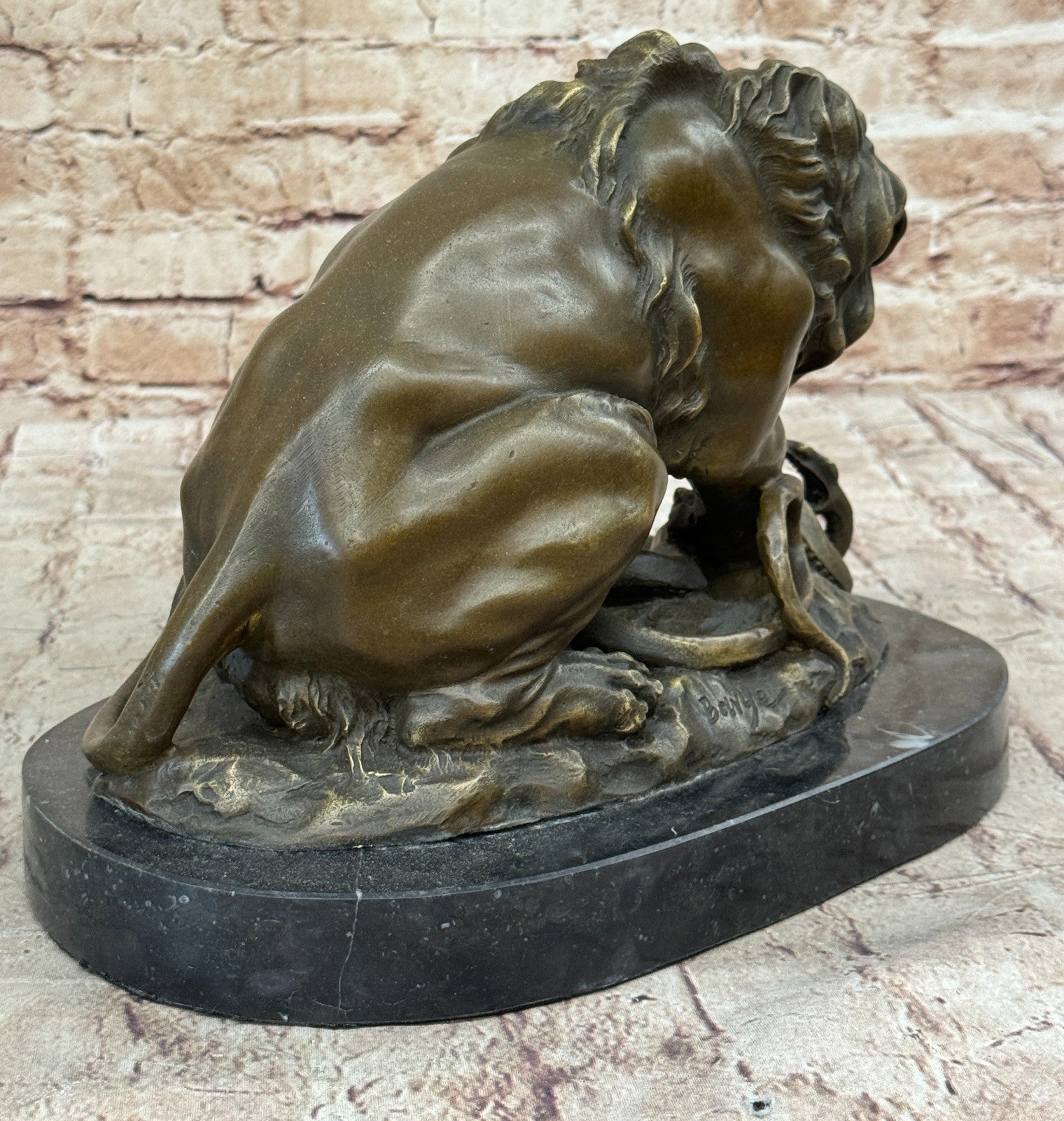 Bronze Lion and Snake Sculpture on a solid marble base, Art, Ornament.