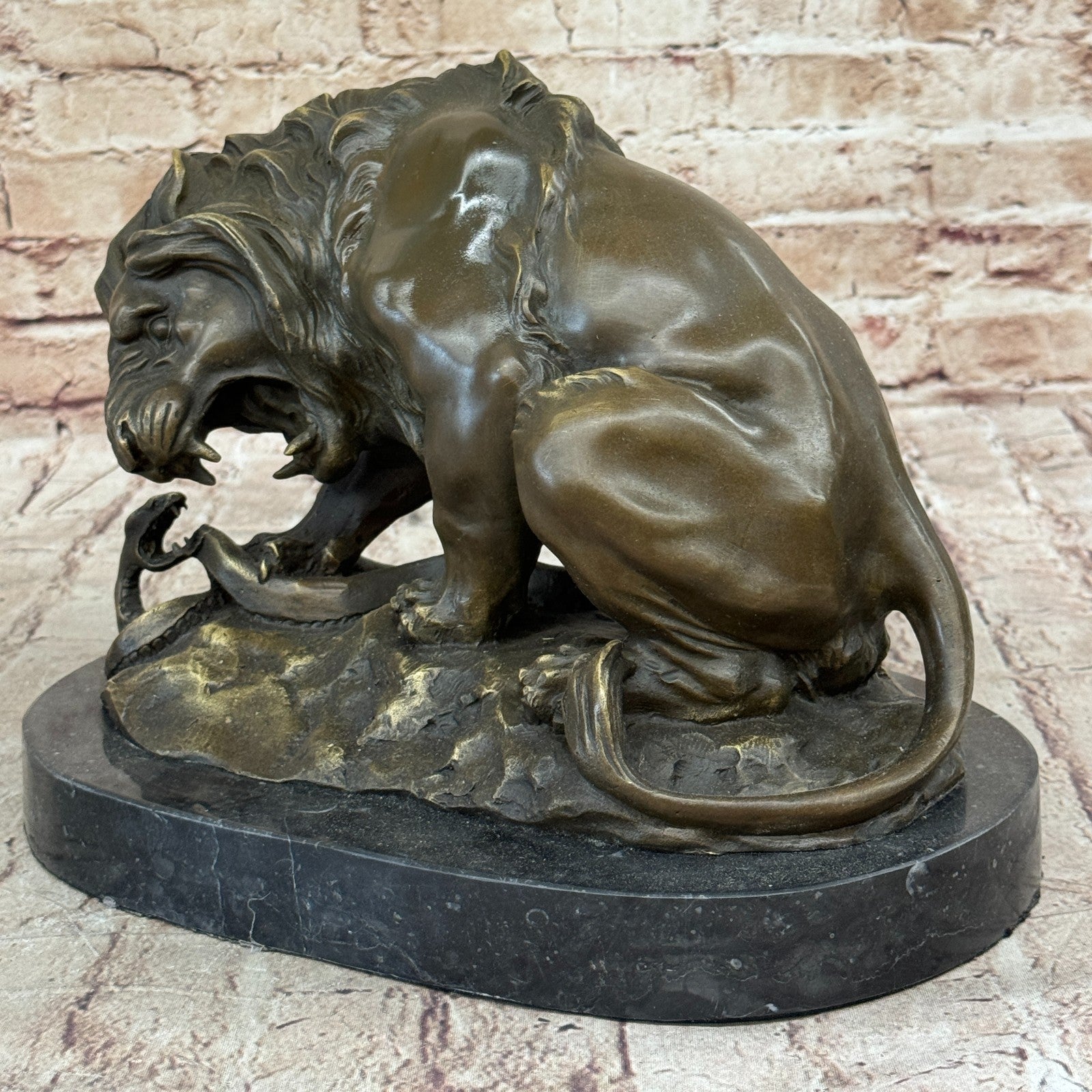 Bronze Lion and Snake Sculpture on a solid marble base, Art, Ornament.