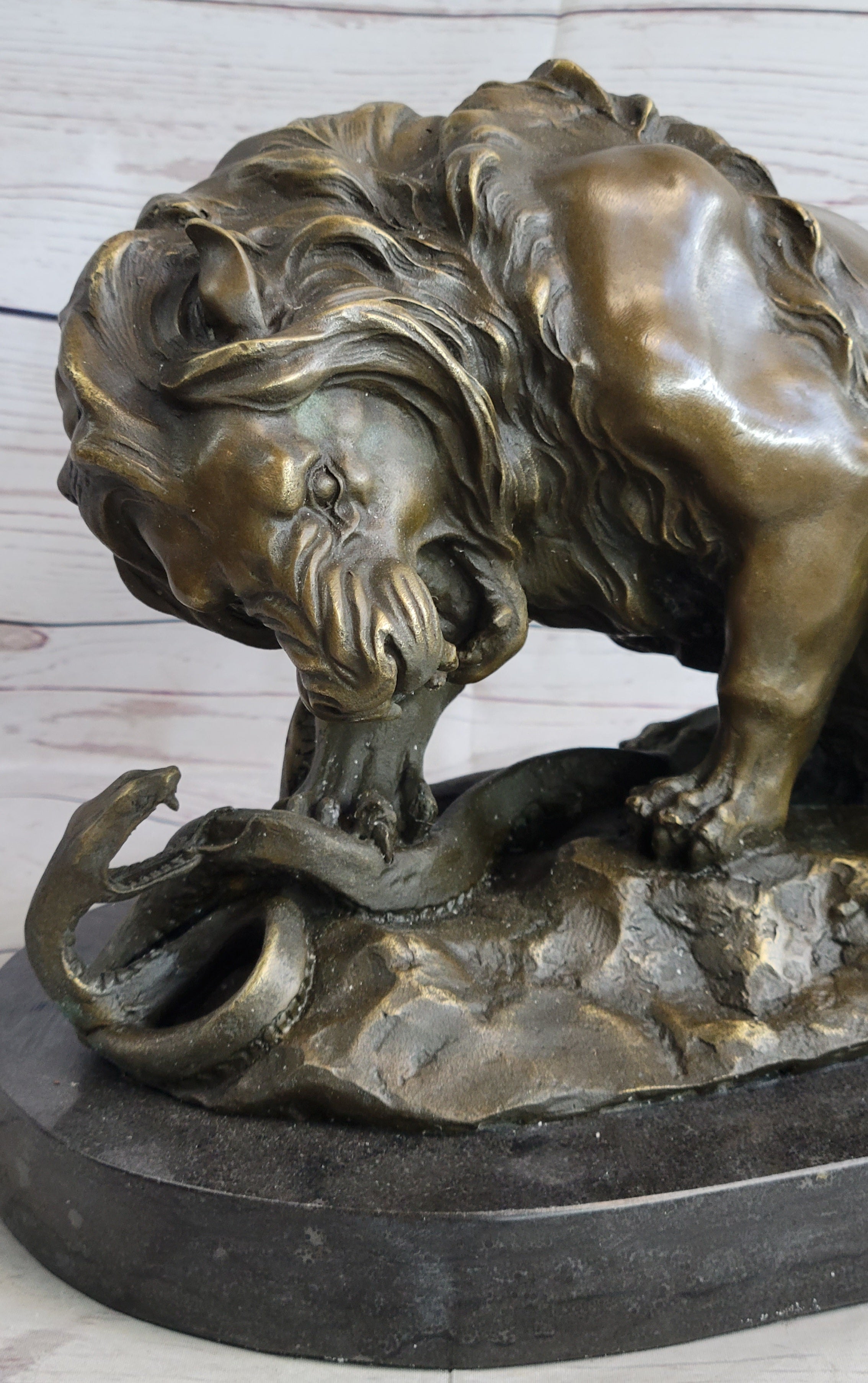 Bronze Lion and Snake Sculpture on a solid marble base, Art, Ornament.