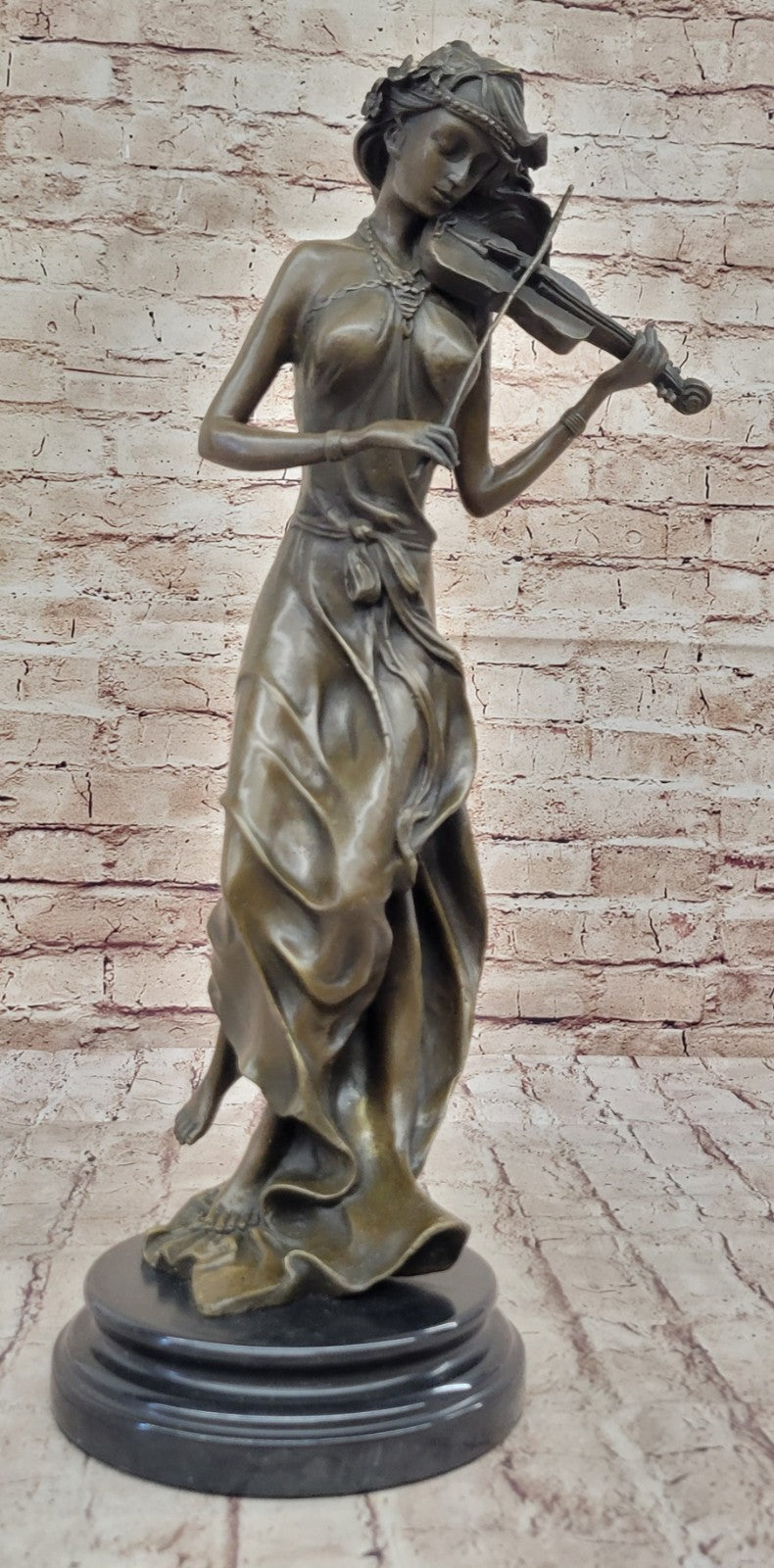 Brown Color Patina Bronze Sculpture Violin Player Viola Musician Figurine Decor