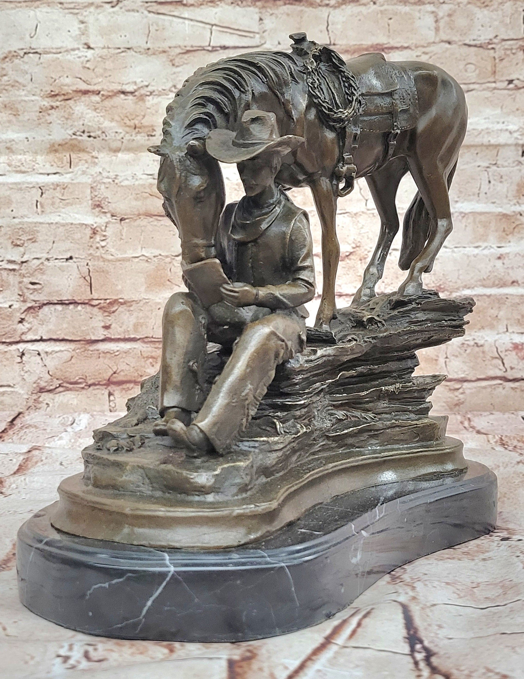 Horse Cowboy Lover Western Saddle Ranch Farm Art Bronze Marble Statue Sculpture