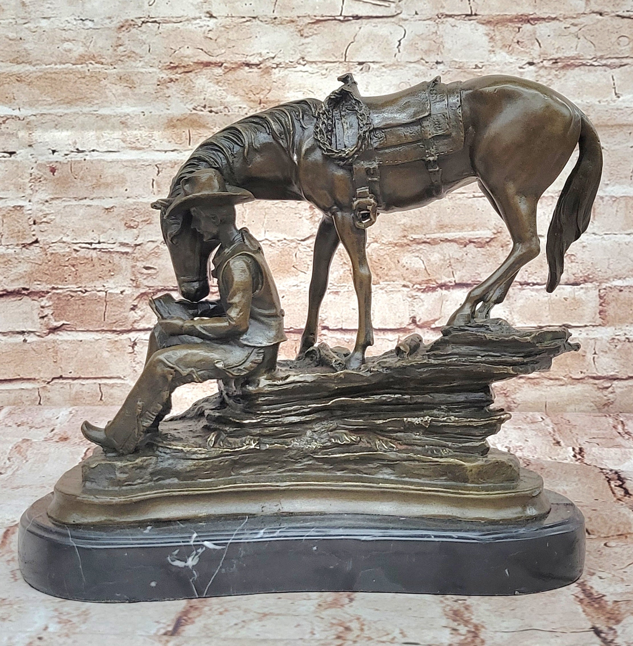 Horse Cowboy Lover Western Saddle Ranch Farm Art Bronze Marble Statue Sculpture