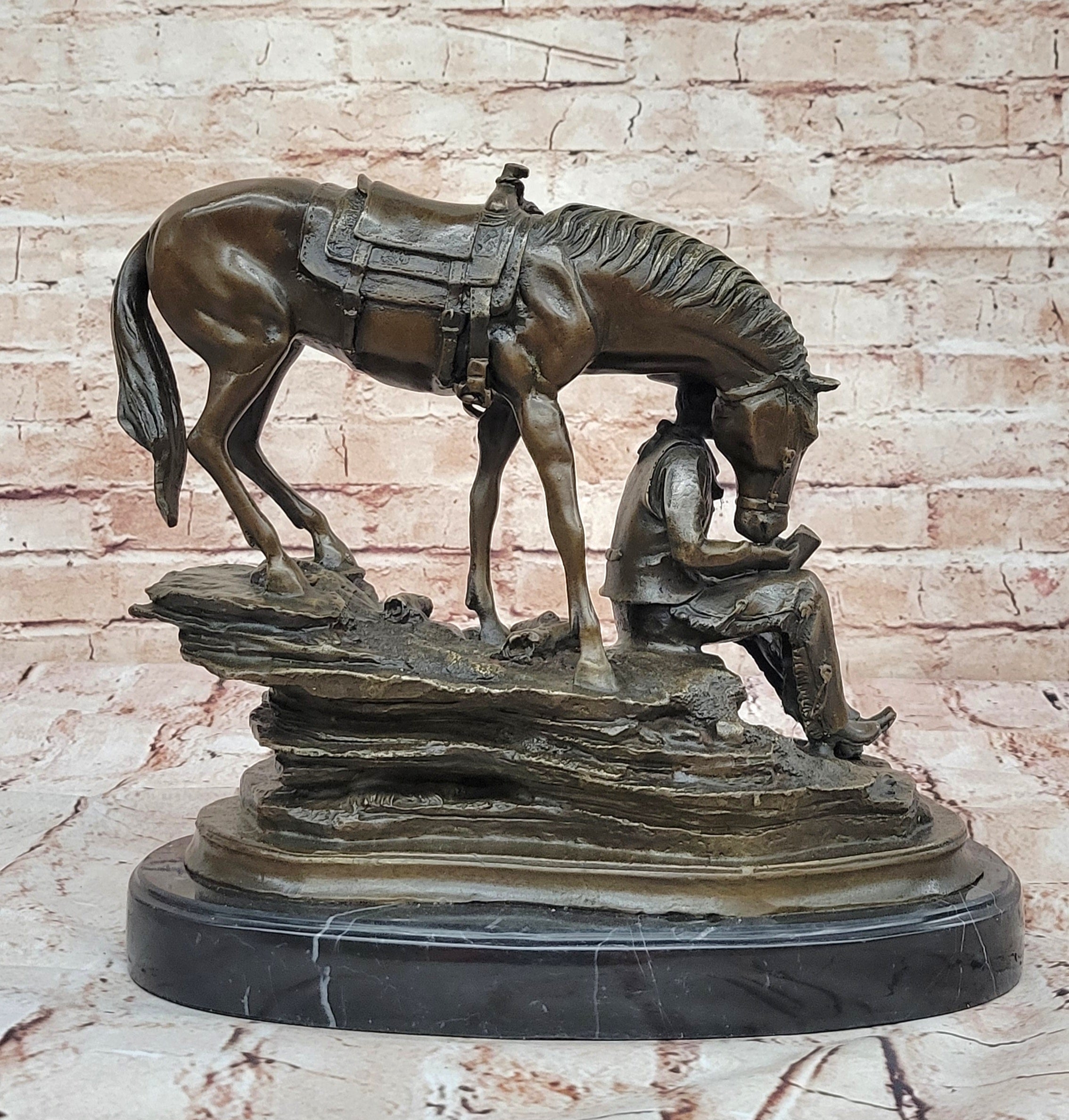 Horse Cowboy Lover Western Saddle Ranch Farm Art Bronze Marble Statue Sculpture