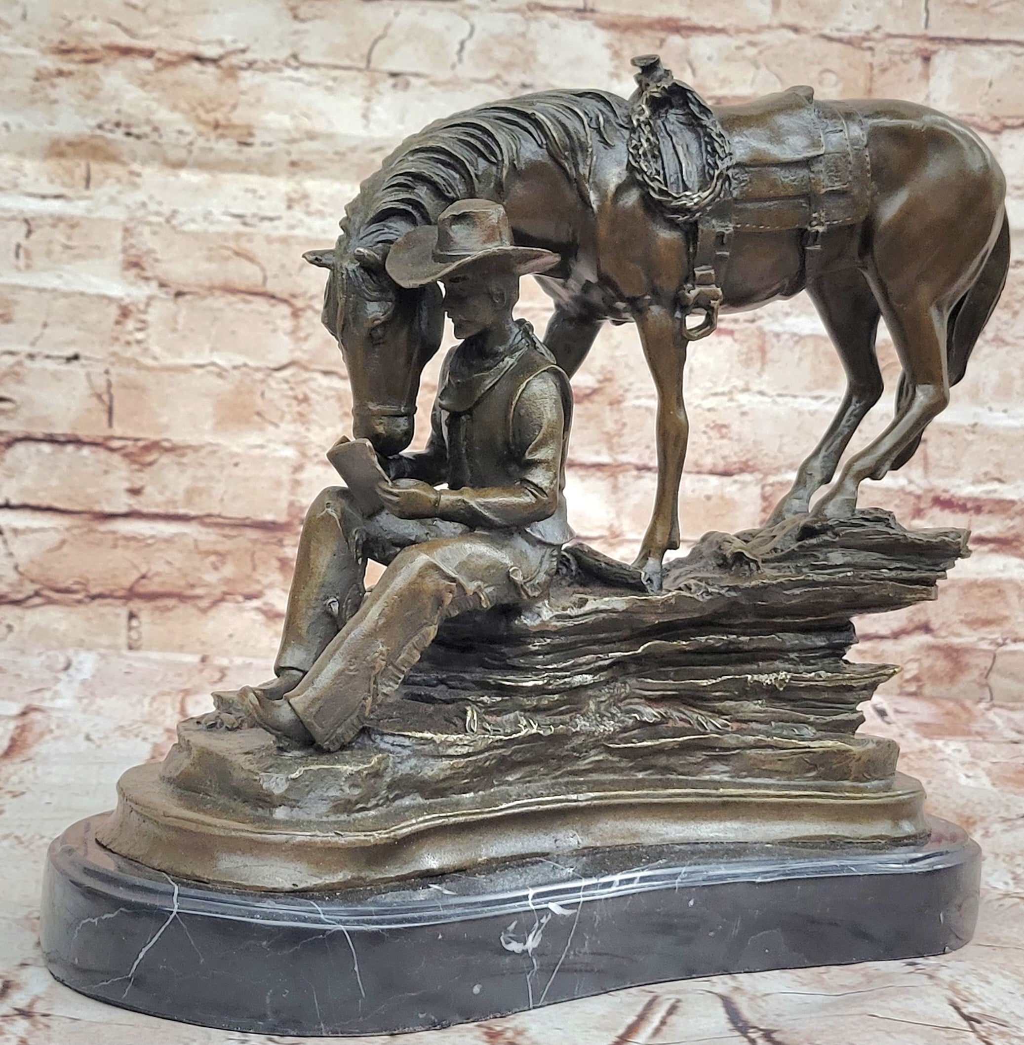 Horse Cowboy Lover Western Saddle Ranch Farm Art Bronze Marble Statue Sculpture